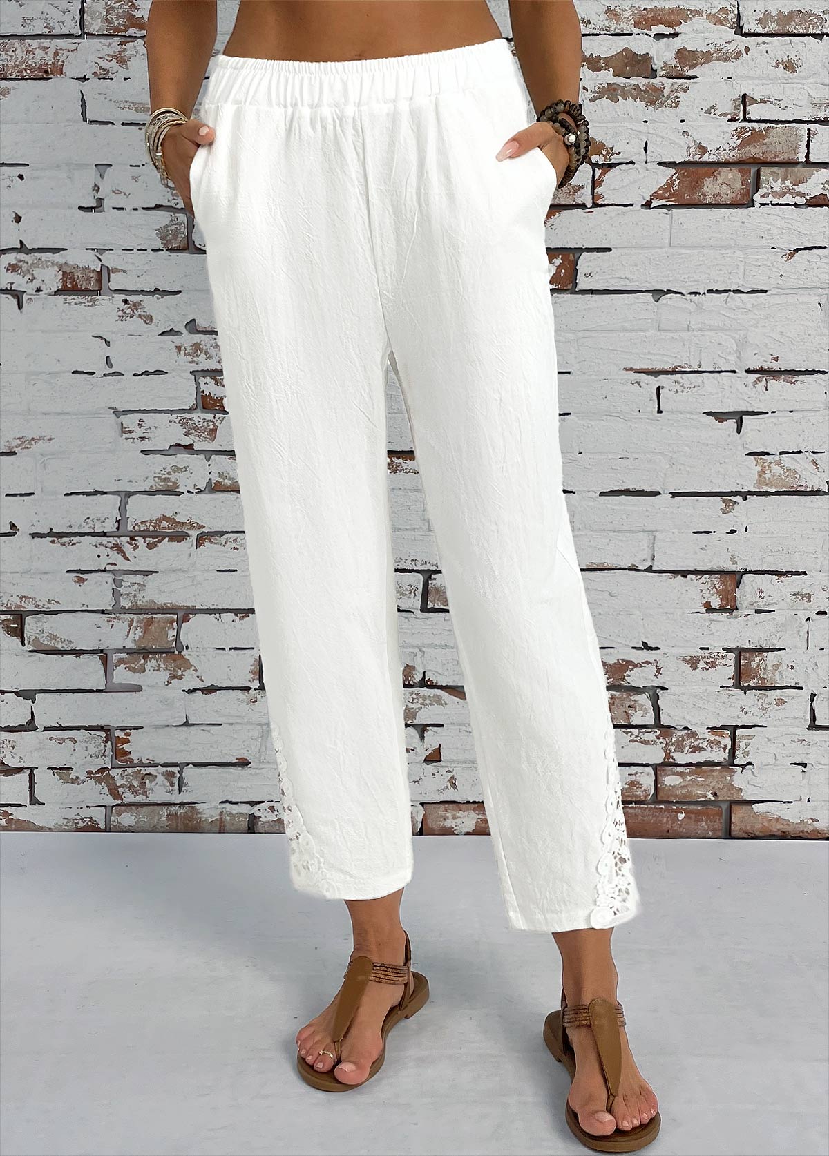 White bottoms,Plain Color bottoms,Pocket White Straight Leg Elastic Waist High Waisted Pants