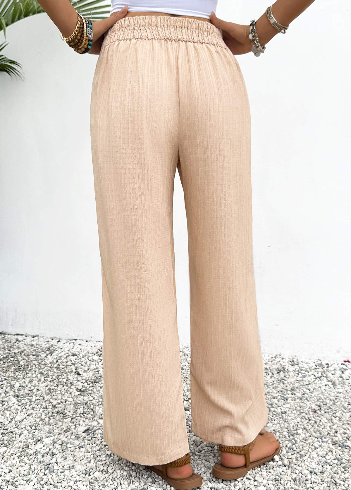 Light Coffee bottoms,Plain Color bottoms,Light Coffee Wide Leg Elastic Waist High Waisted Pants