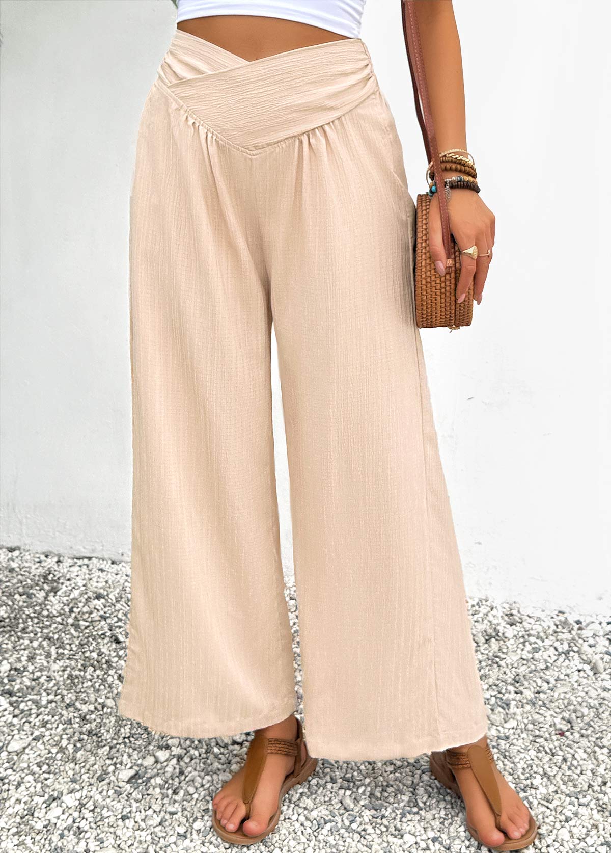 Light Coffee bottoms,Plain Color bottoms,Light Coffee Wide Leg Elastic Waist High Waisted Pants