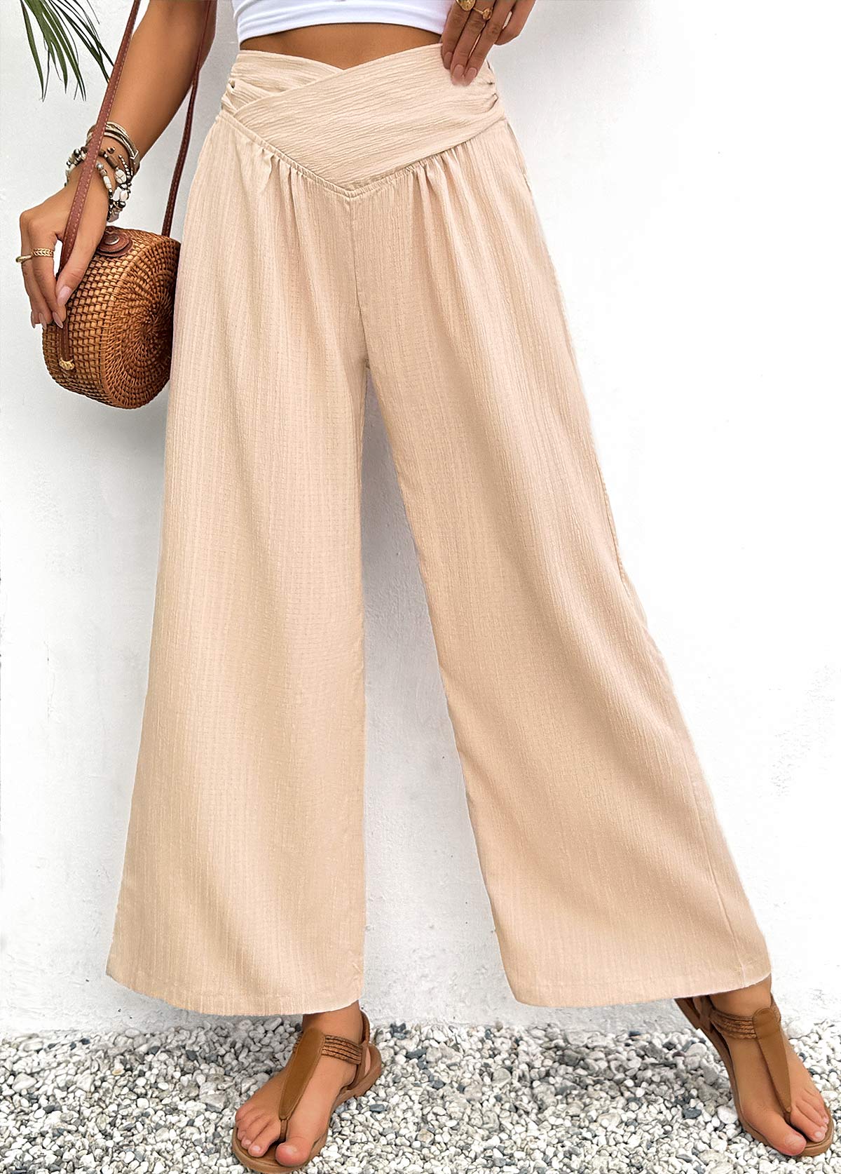 Light Coffee bottoms,Plain Color bottoms,Light Coffee Wide Leg Elastic Waist High Waisted Pants
