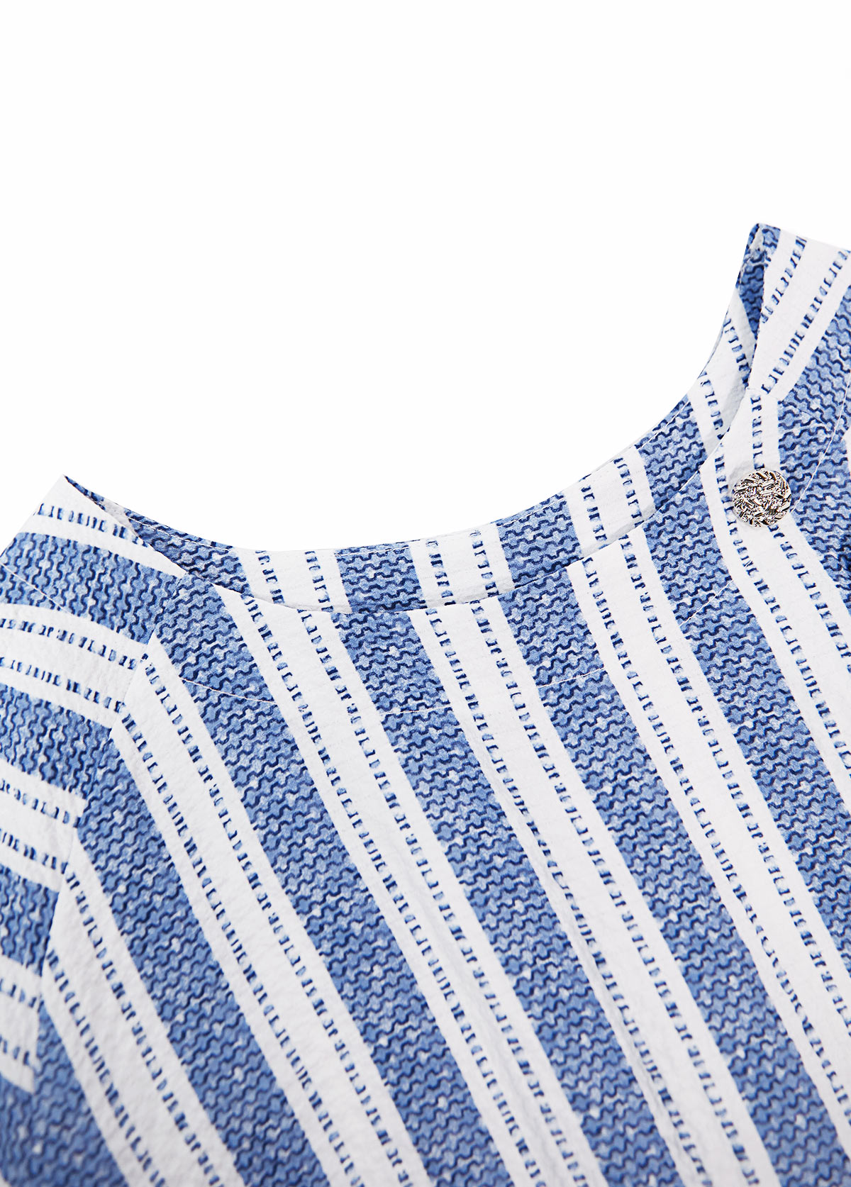 Blue tops,Geometric tops,Striped tops,ROTITA Geometric Print Blue Round Neck Short Sleeve Blouse