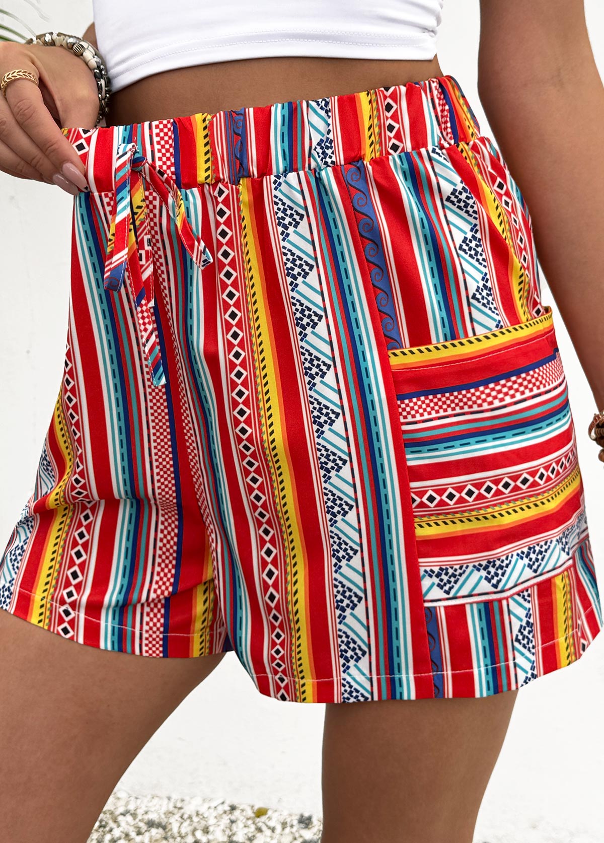 Neon Red bottoms,Tribal bottoms,Tribal Print Neon Red Straight Leg Elastic Waist Shorts