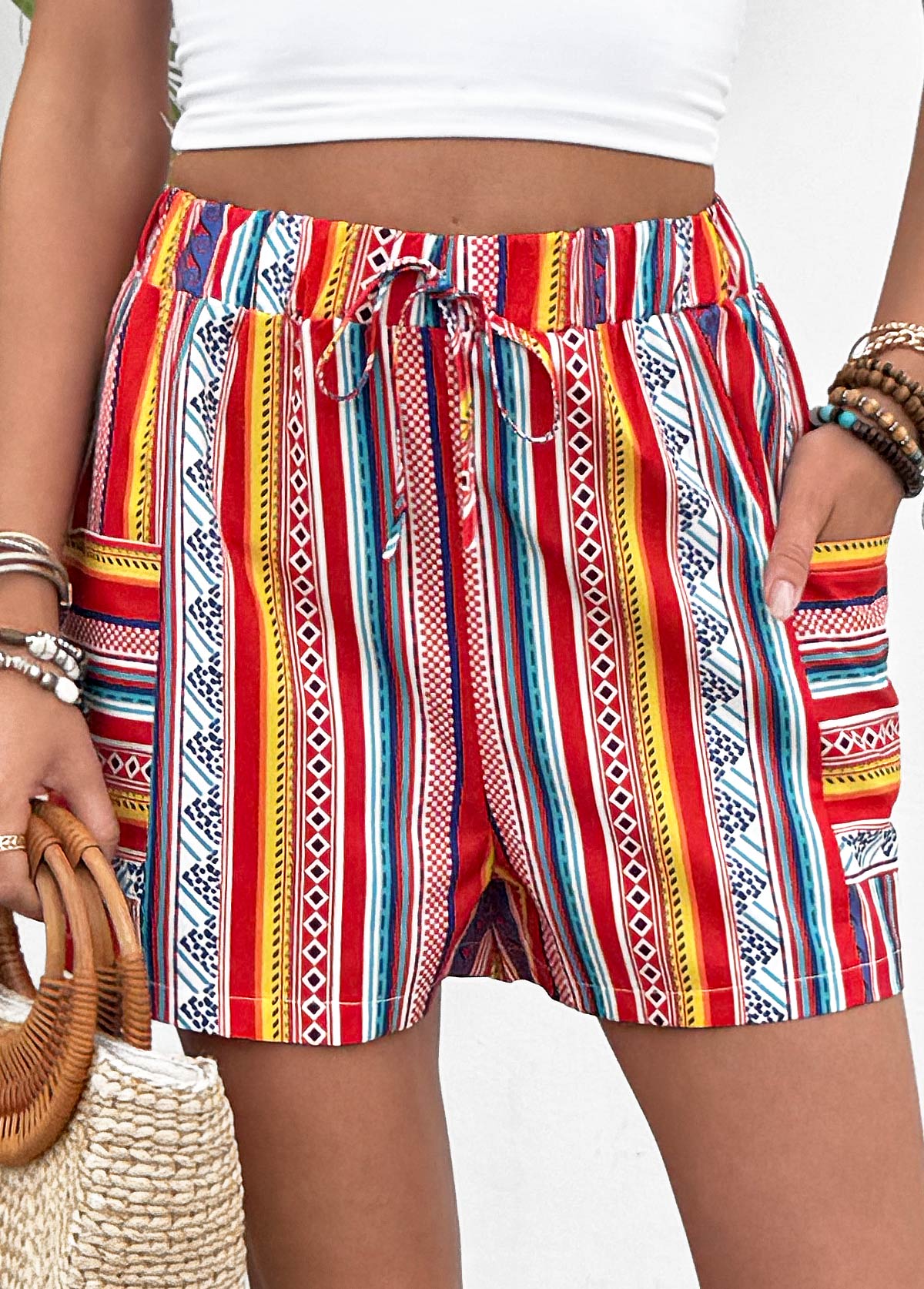 Neon Red bottoms,Tribal bottoms,Tribal Print Neon Red Straight Leg Elastic Waist Shorts