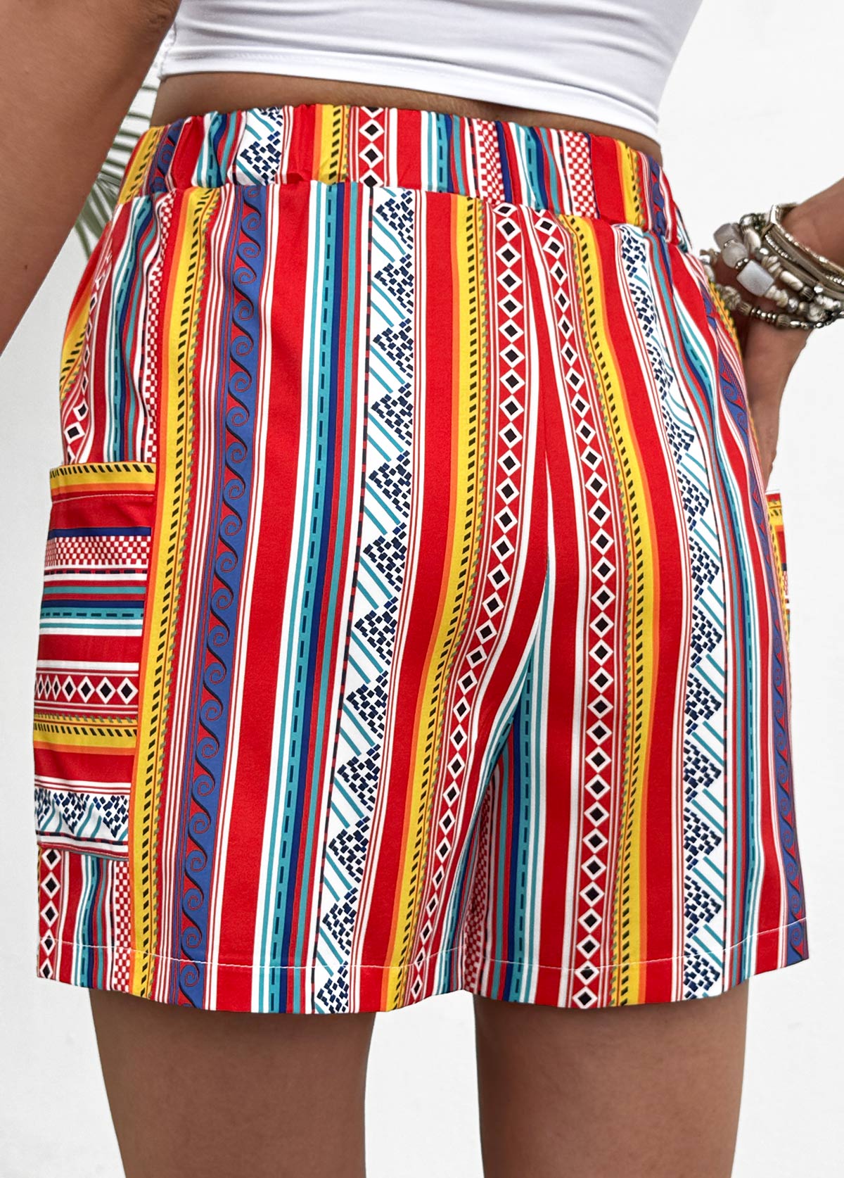 Neon Red bottoms,Tribal bottoms,Tribal Print Neon Red Straight Leg Elastic Waist Shorts