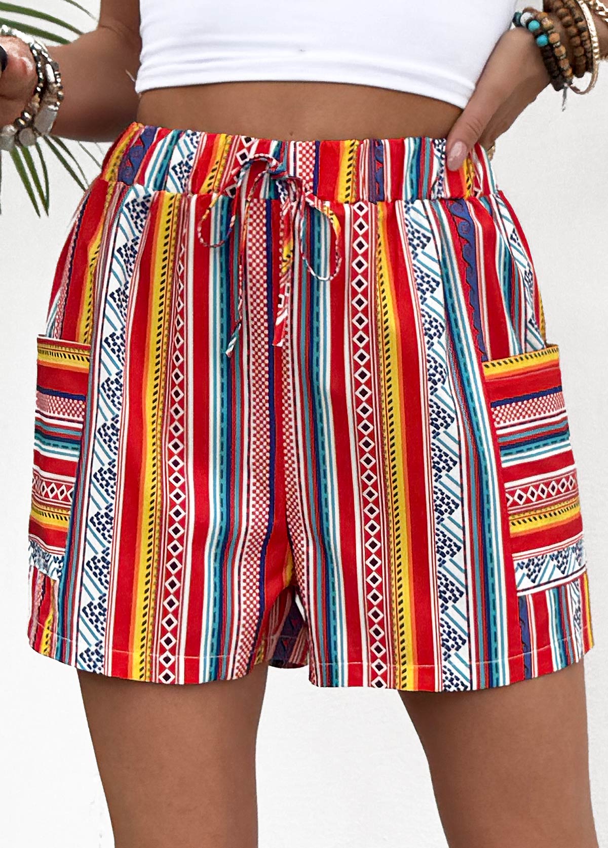 Neon Red bottoms,Tribal bottoms,Tribal Print Neon Red Straight Leg Elastic Waist Shorts