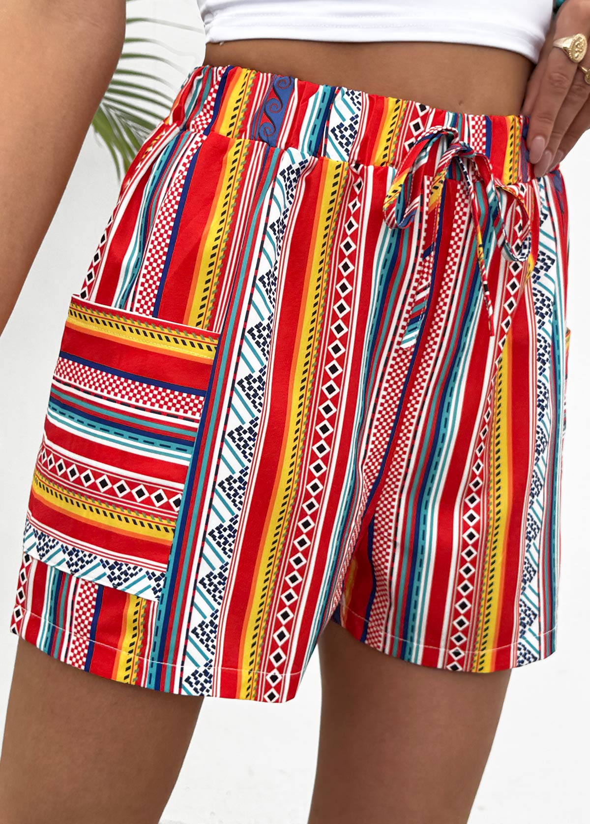 Neon Red bottoms,Tribal bottoms,Tribal Print Neon Red Straight Leg Elastic Waist Shorts