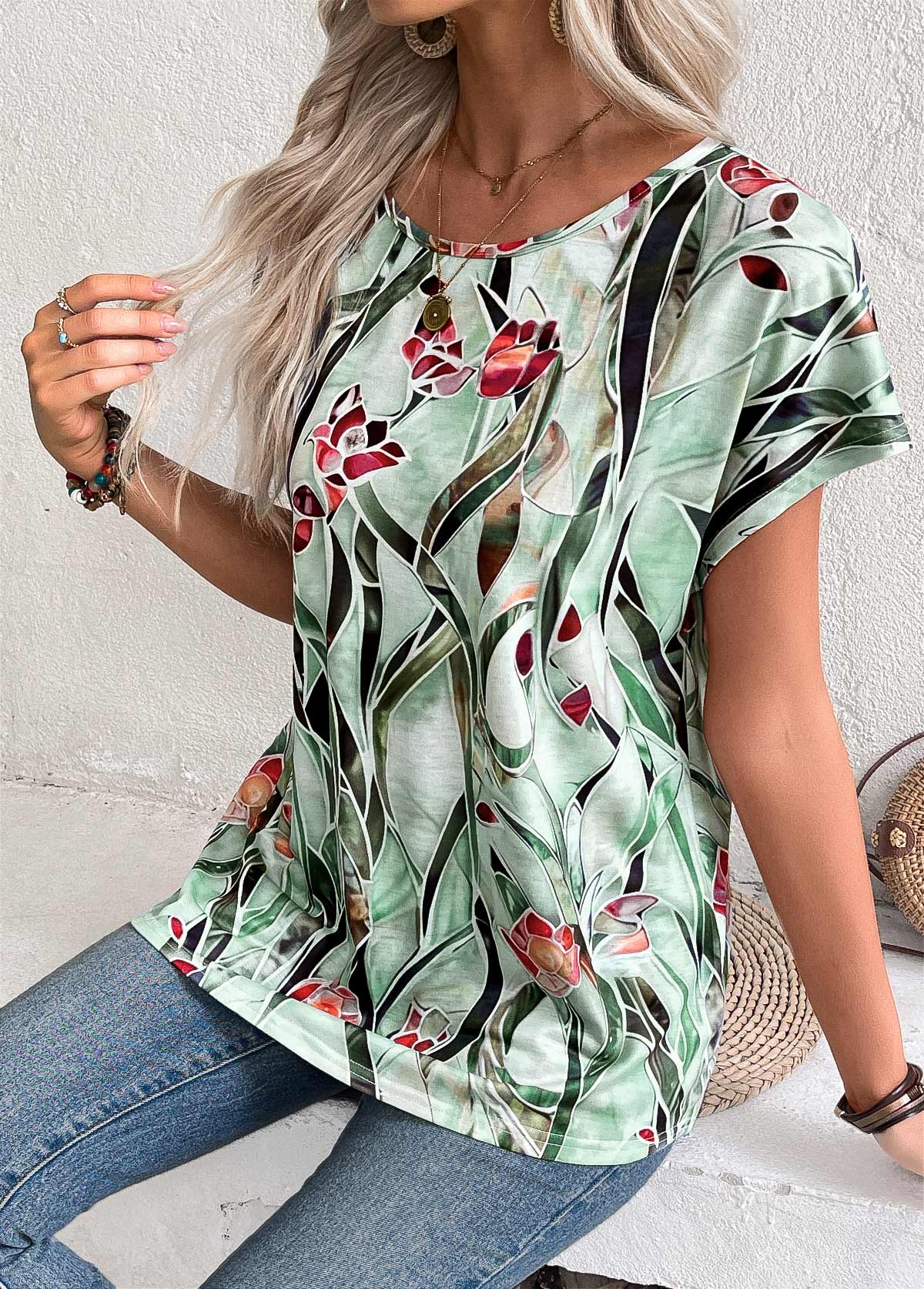 Multi Color tops,Floral tops,Plants tops,ROTITA Floral Print Multi Color Round Neck T Shirt