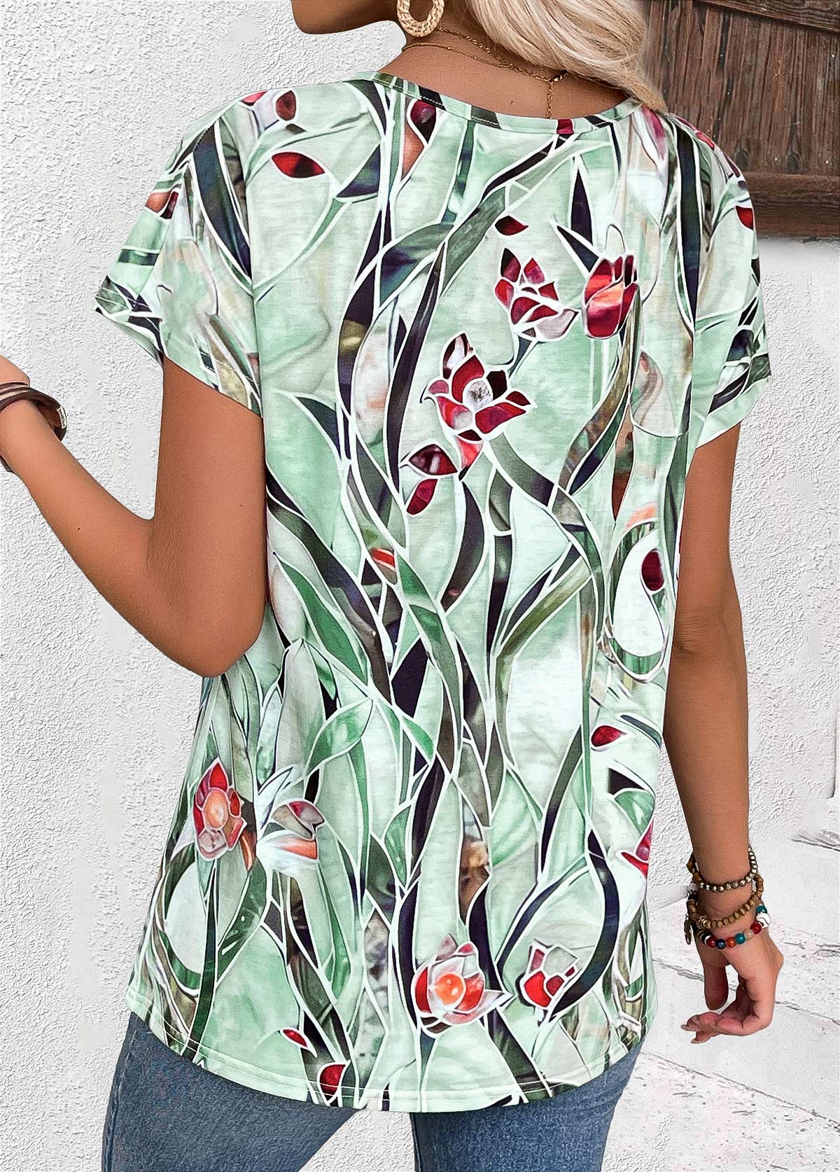 Multi Color tops,Floral tops,Plants tops,ROTITA Floral Print Multi Color Round Neck T Shirt