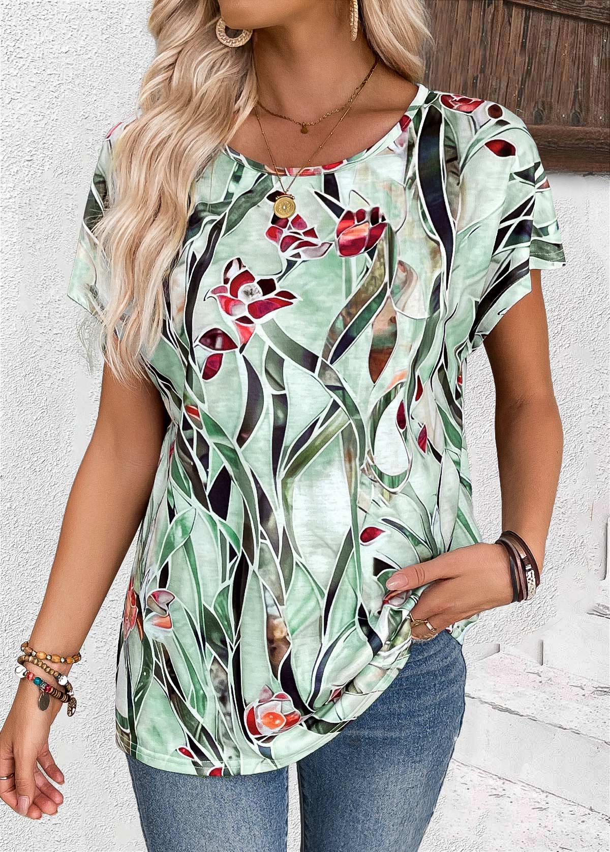 Multi Color tops,Floral tops,Plants tops,ROTITA Floral Print Multi Color Round Neck T Shirt