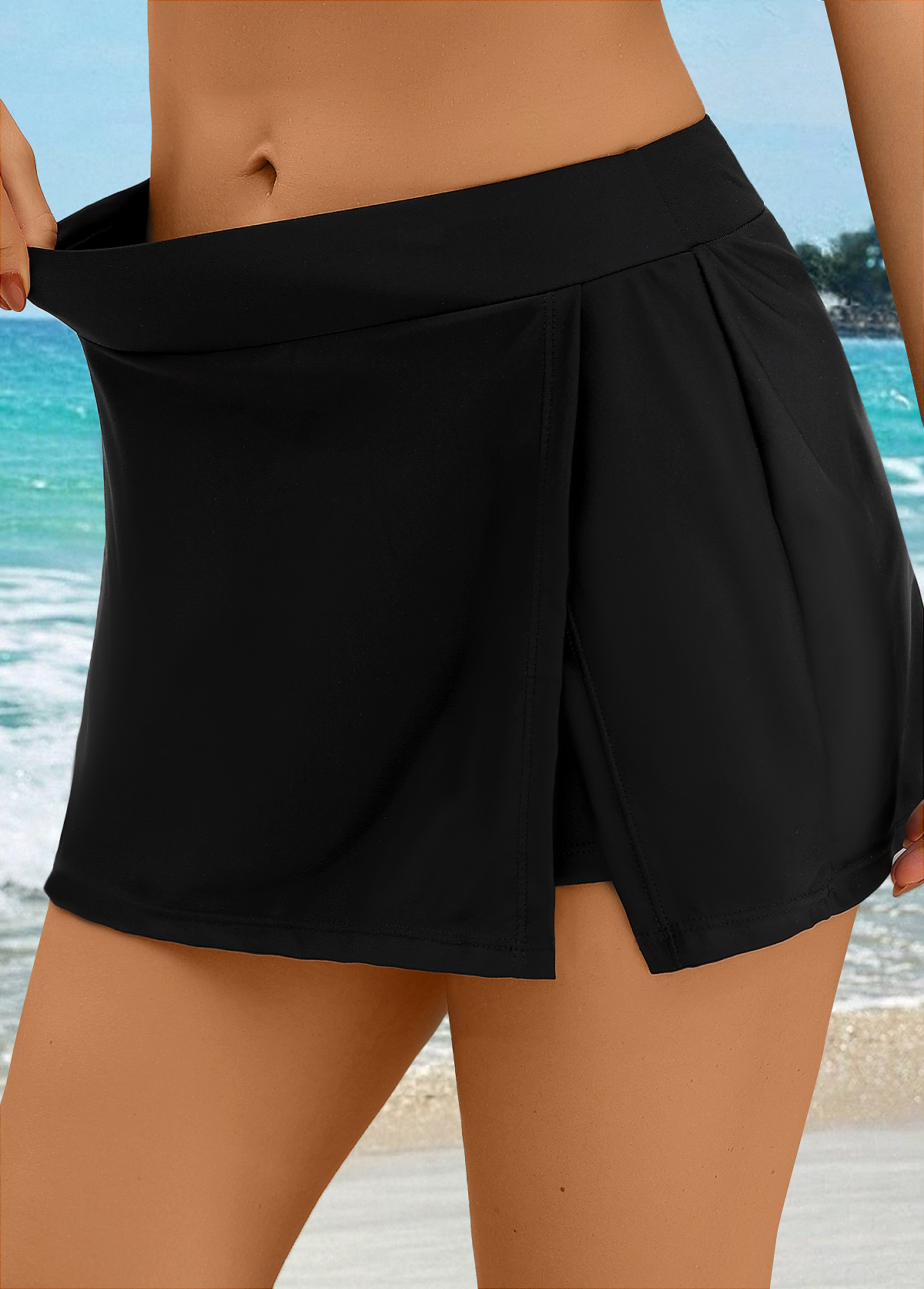 Black swimwear,Plain Color swimwear,ROTITA Black High Waisted Front Slit Hem Pantskirt