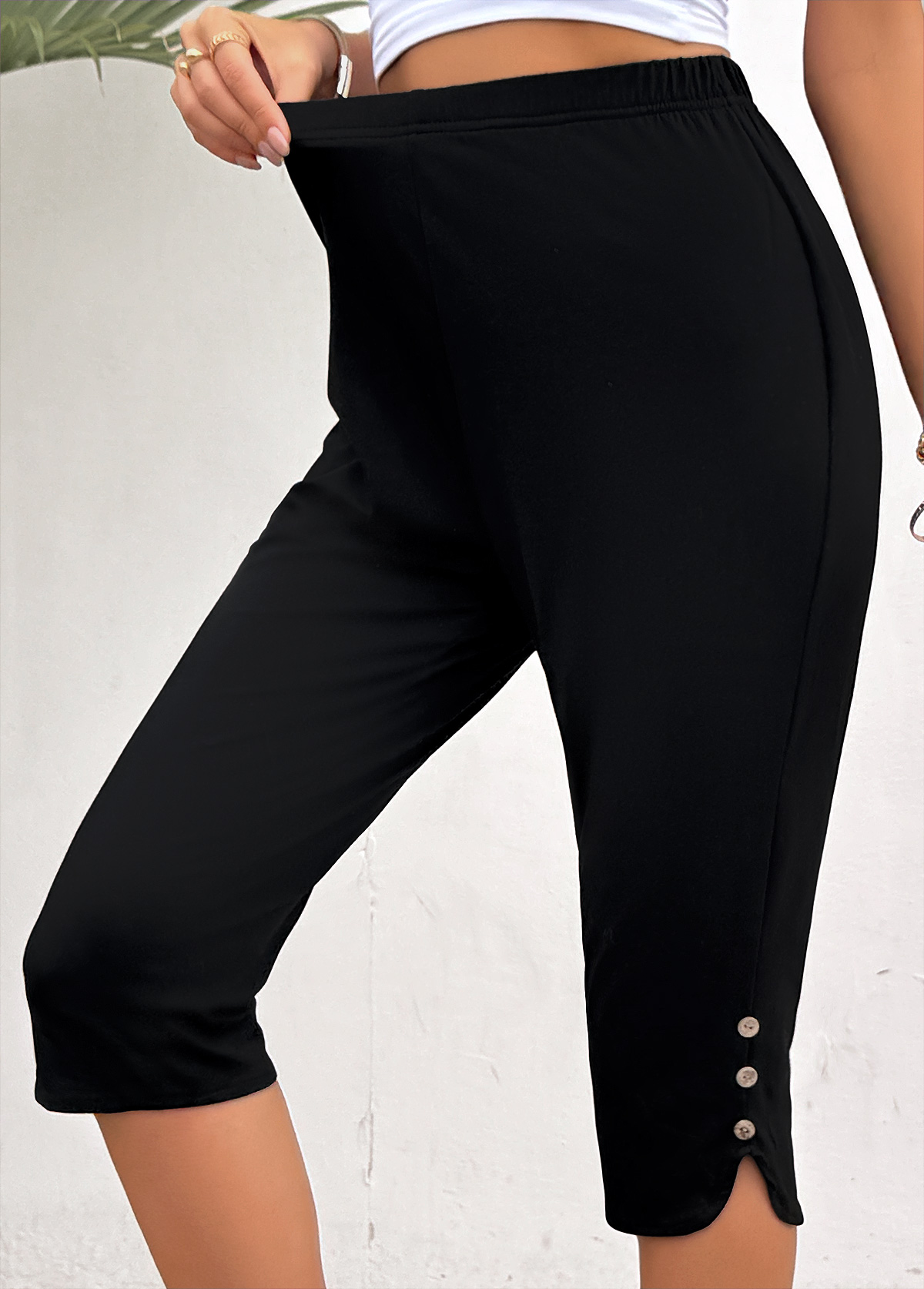 Black bottoms,Plain Color bottoms,Black High Waisted Elastic Waist Capri Leggings