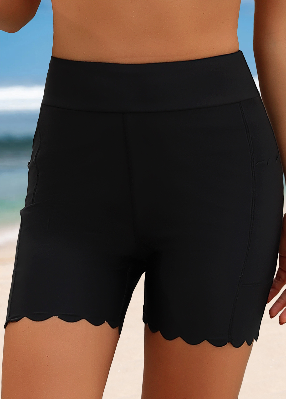 Black swimwear,Plain Color swimwear,ROTITA Black High Waisted Scalloped Hem Swim Shorts
