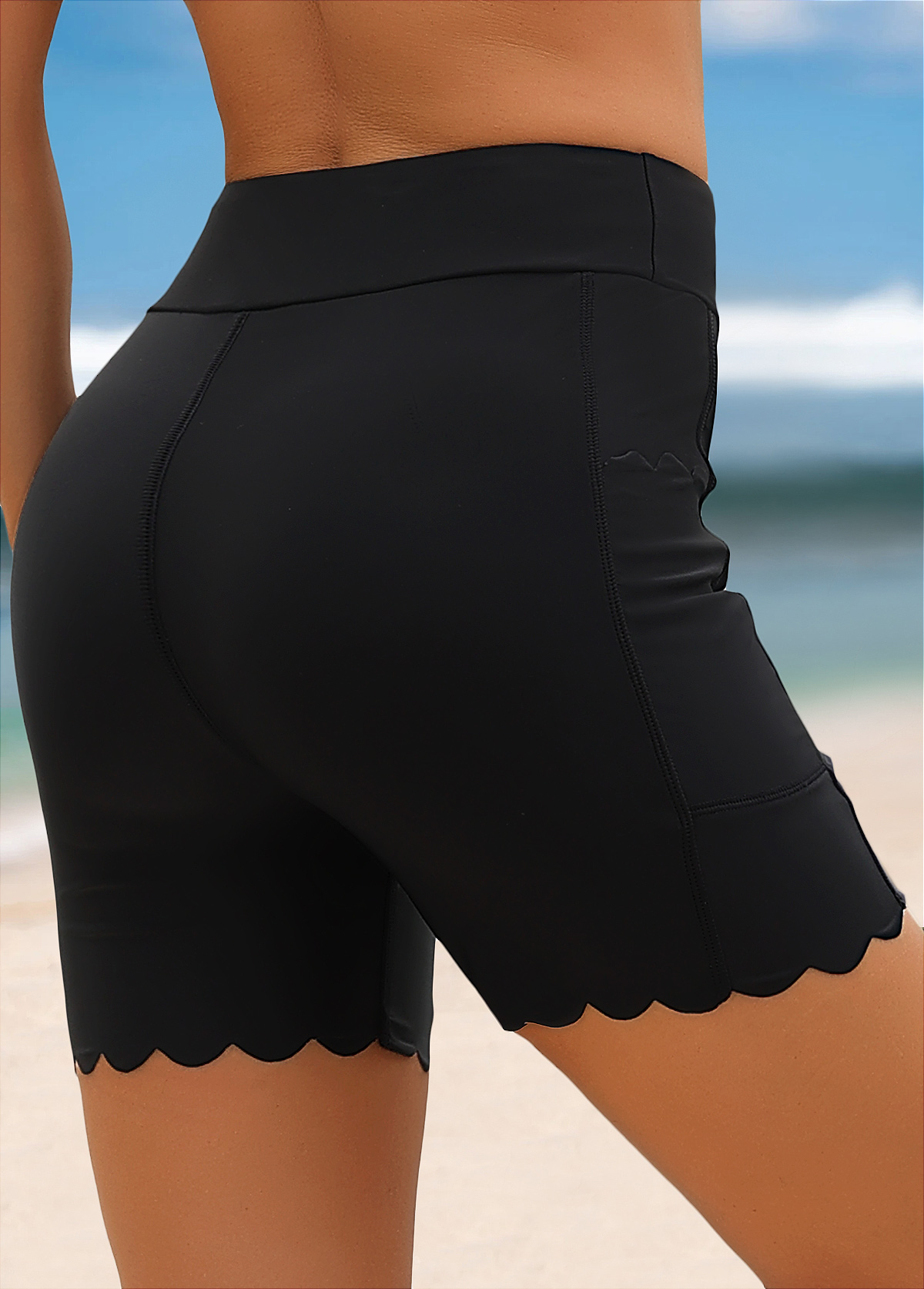 Black swimwear,Plain Color swimwear,ROTITA Black High Waisted Scalloped Hem Swim Shorts