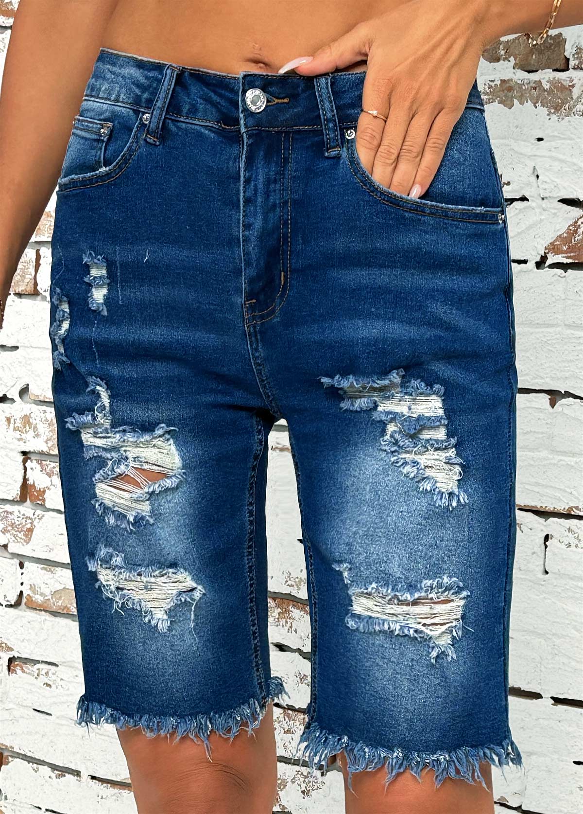 Denim Blue bottoms,Plain Color bottoms,Denim Blue Button Fly High Waisted Shorts