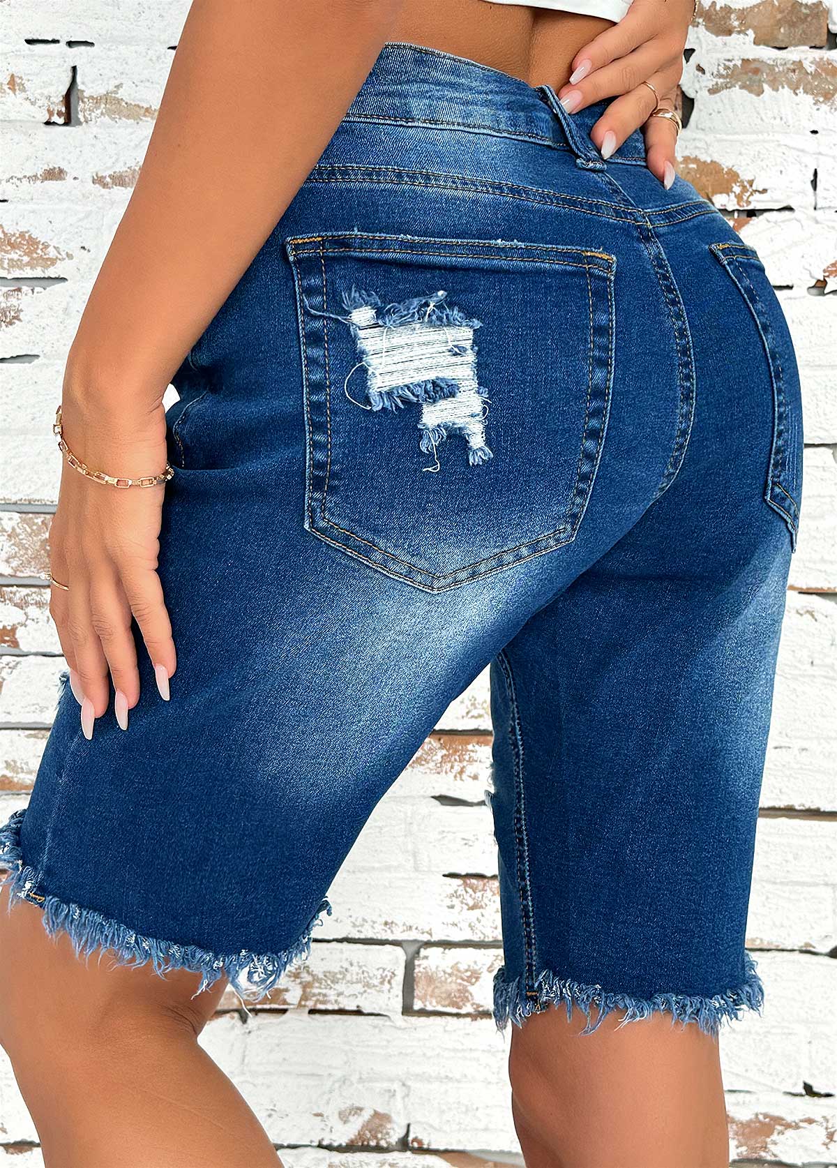 Denim Blue bottoms,Plain Color bottoms,Denim Blue Button Fly High Waisted Shorts