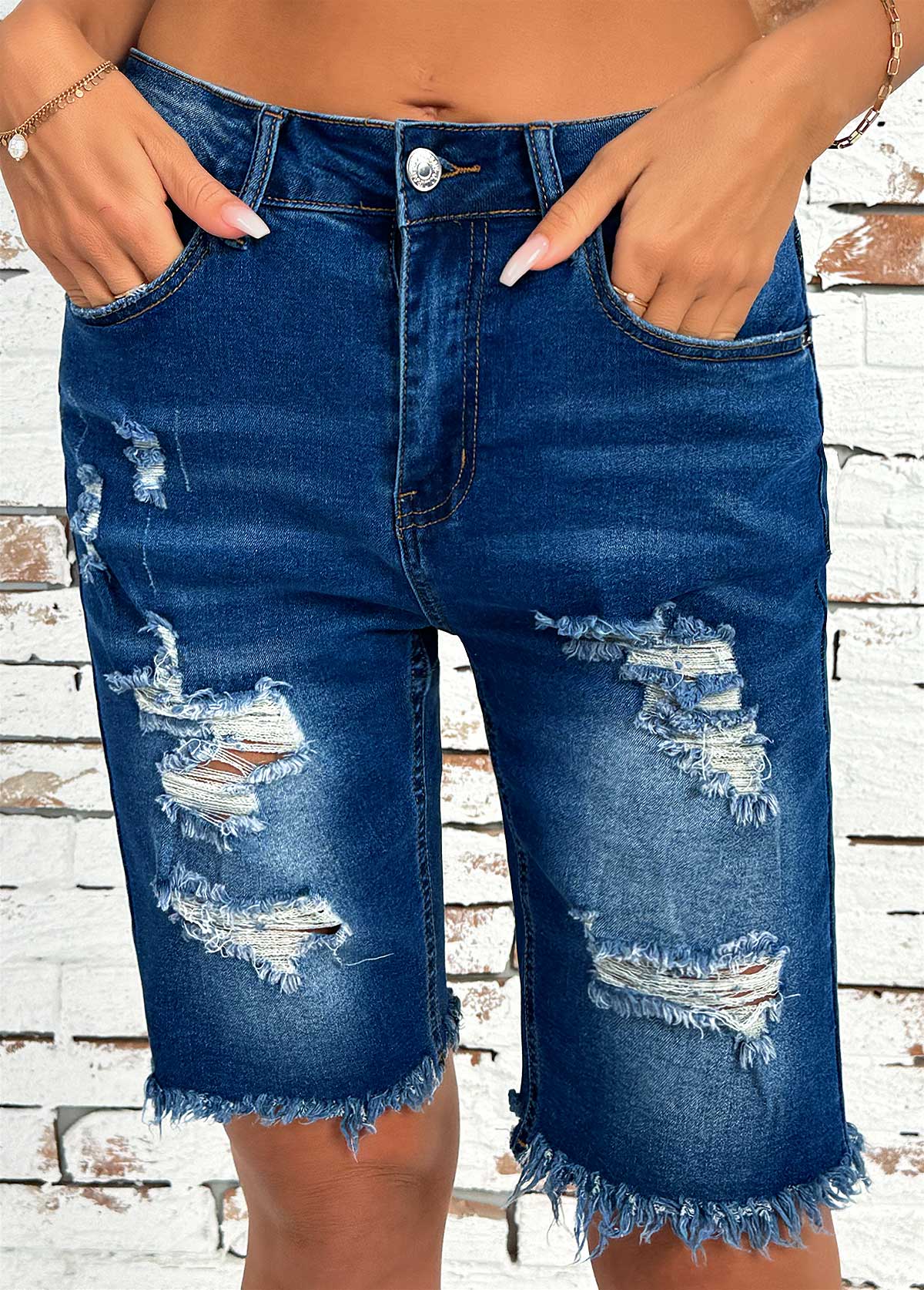 Denim Blue bottoms,Plain Color bottoms,Denim Blue Button Fly High Waisted Shorts