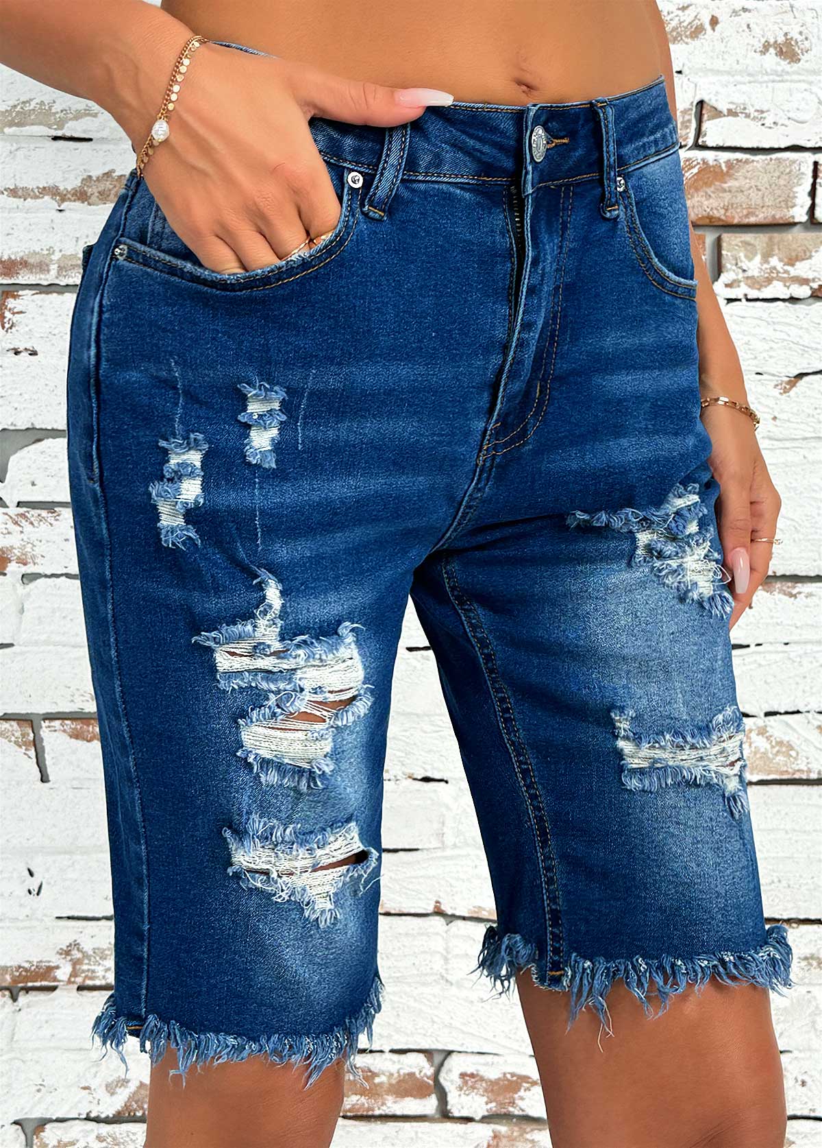 Denim Blue bottoms,Plain Color bottoms,Denim Blue Button Fly High Waisted Shorts