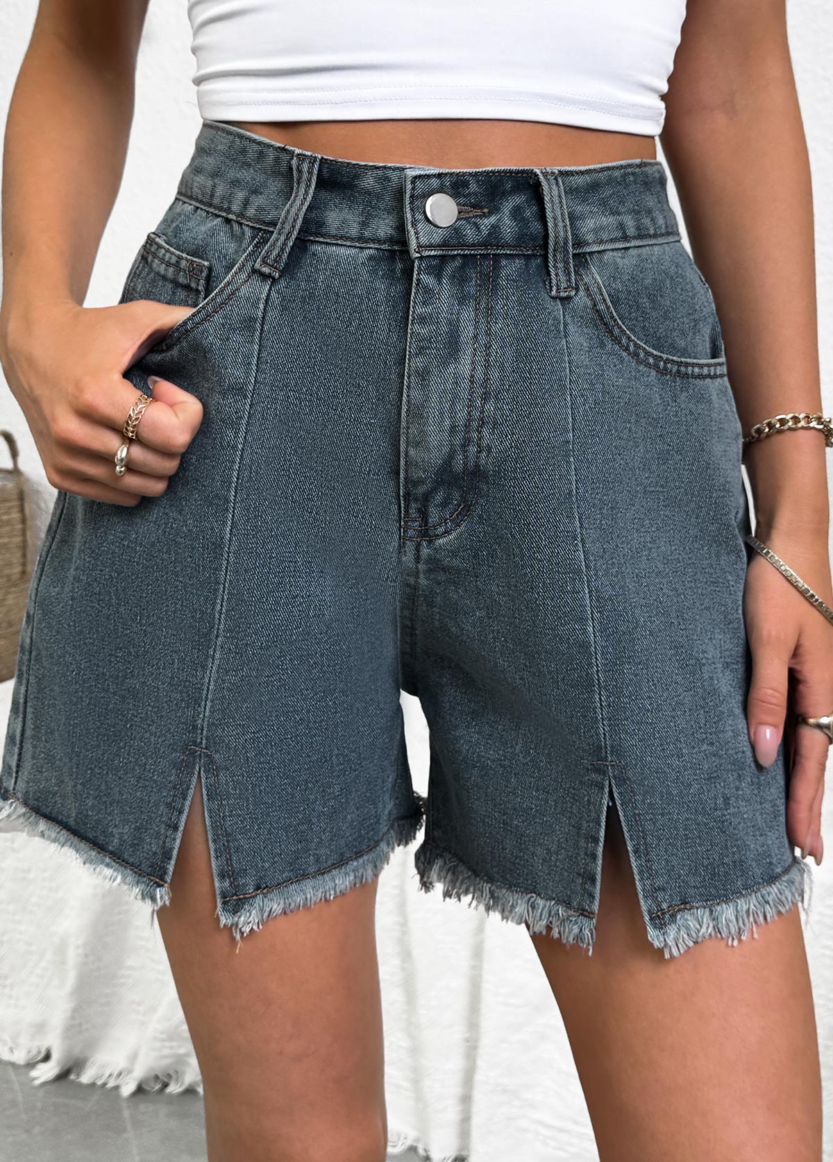 Denim Blue bottoms,Plain Color bottoms,Denim Blue Button Fly High Waisted Shorts