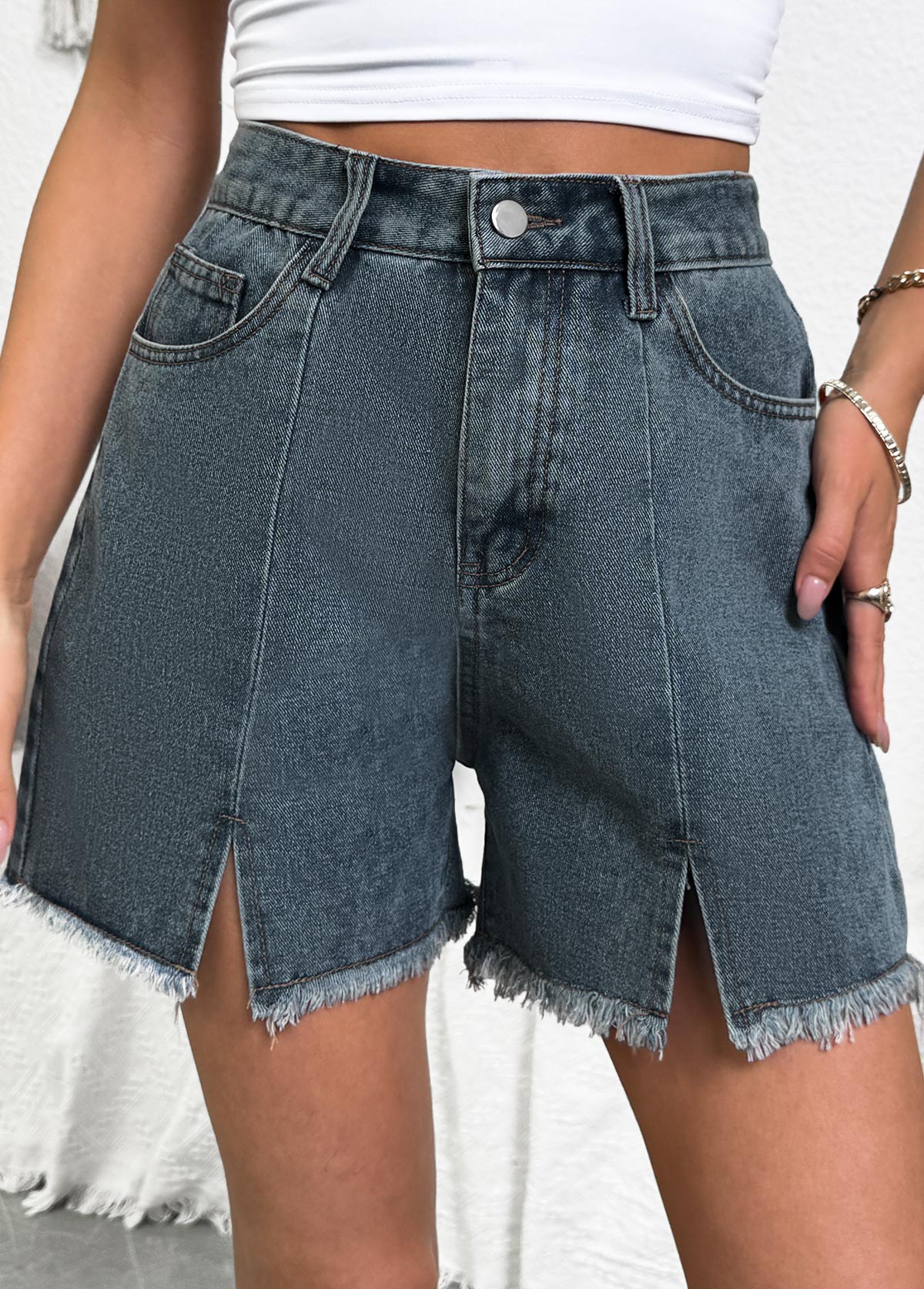 Denim Blue bottoms,Plain Color bottoms,Denim Blue Button Fly High Waisted Shorts