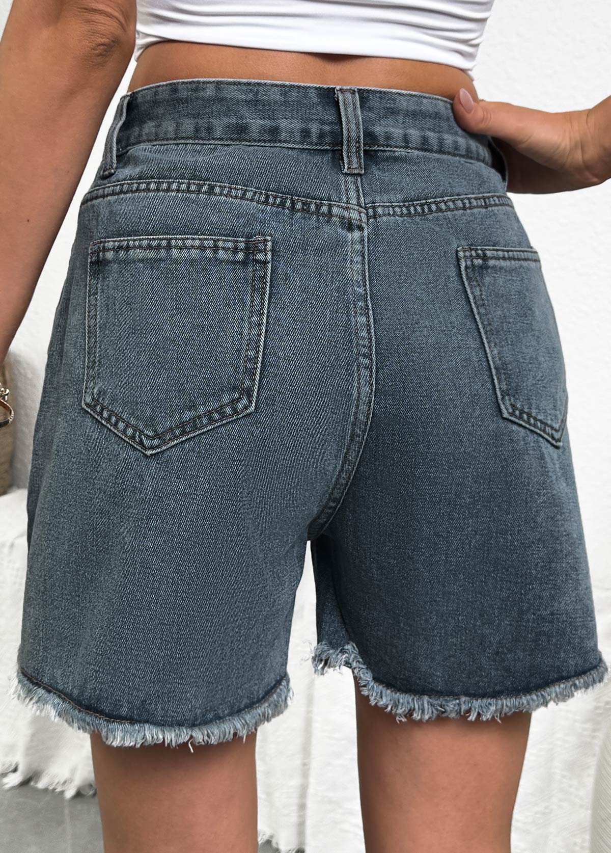 Denim Blue bottoms,Plain Color bottoms,Denim Blue Button Fly High Waisted Shorts