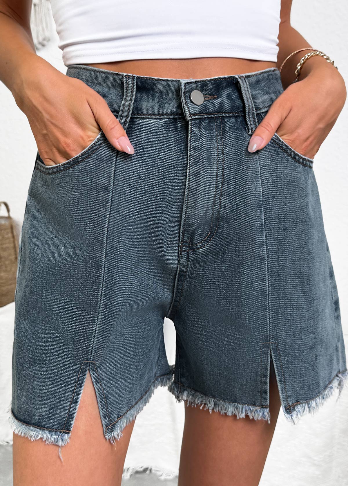 Denim Blue bottoms,Plain Color bottoms,Denim Blue Button Fly High Waisted Shorts