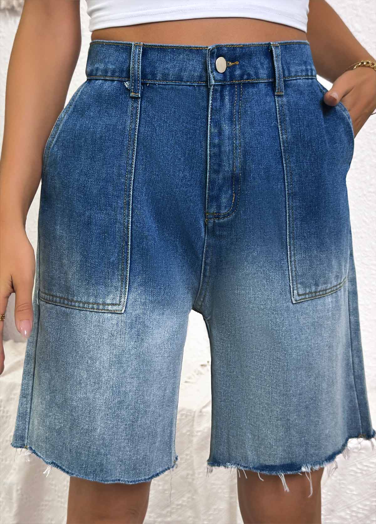 Denim Blue bottoms,Ombre bottoms,Ombre Denim Blue Wide Leg Button Fly Shorts