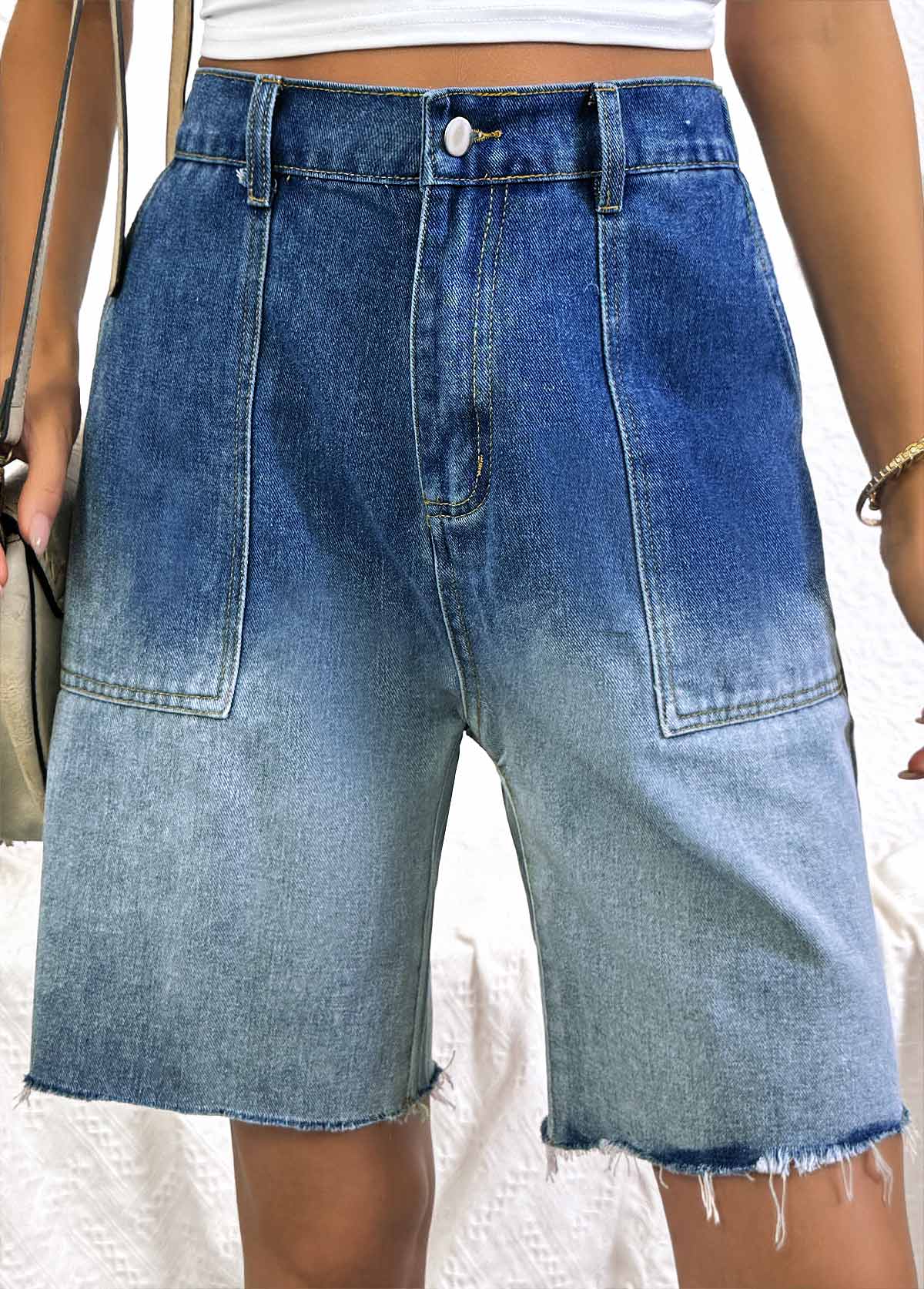 Denim Blue bottoms,Ombre bottoms,Ombre Denim Blue Wide Leg Button Fly Shorts