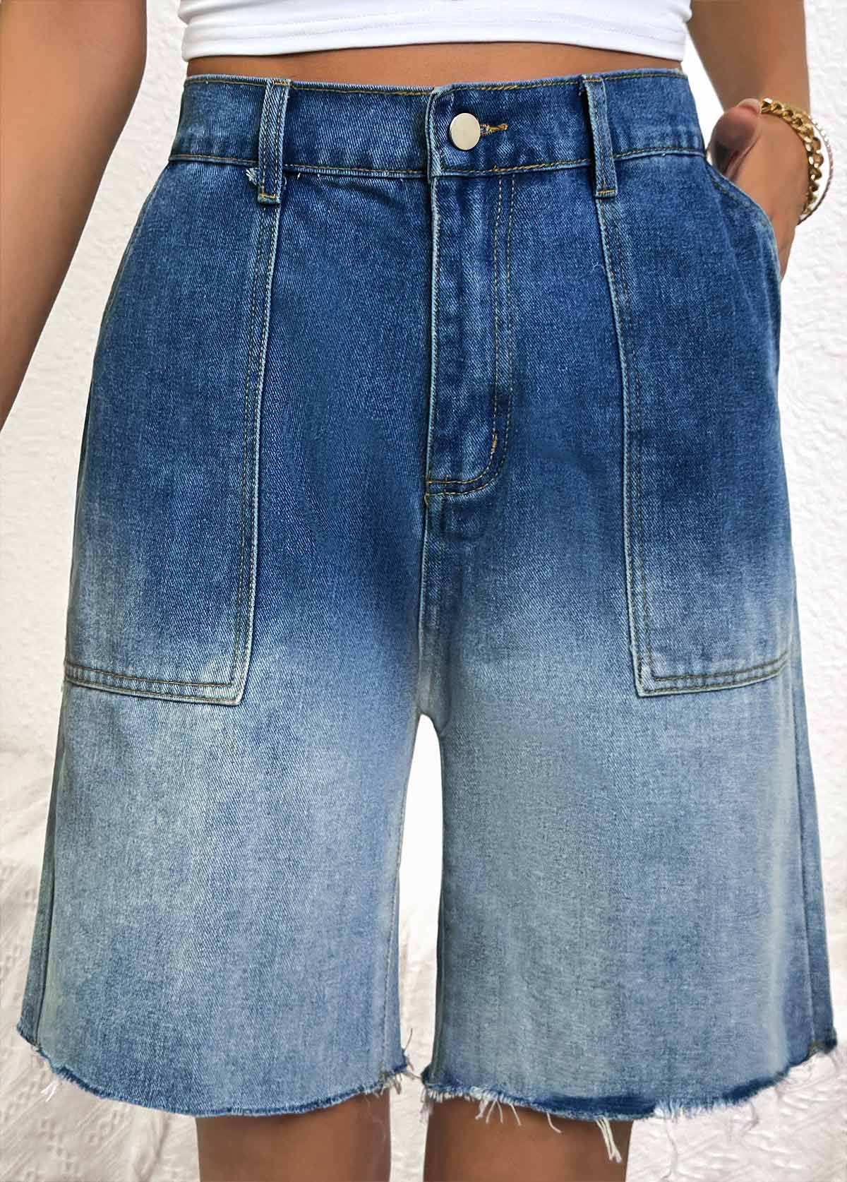 Denim Blue bottoms,Ombre bottoms,Ombre Denim Blue Wide Leg Button Fly Shorts