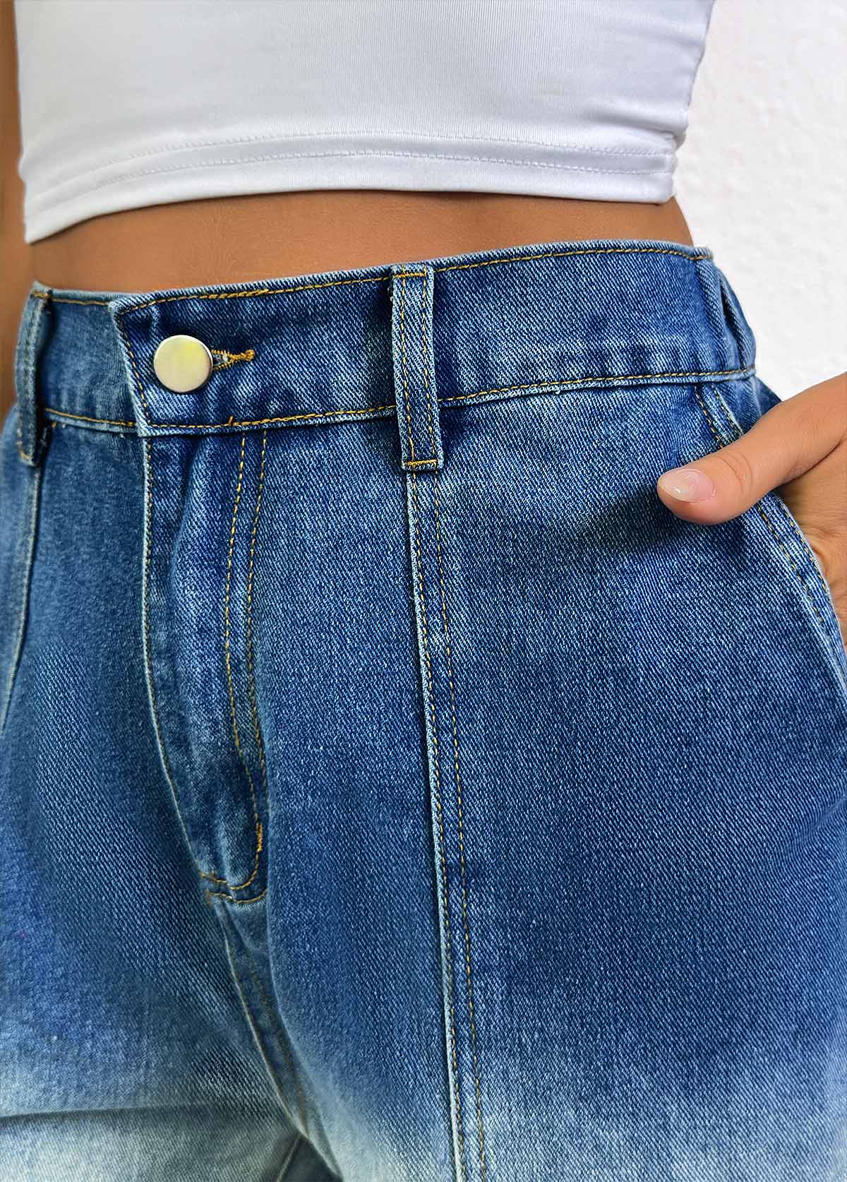 Denim Blue bottoms,Ombre bottoms,Ombre Denim Blue Wide Leg Button Fly Shorts