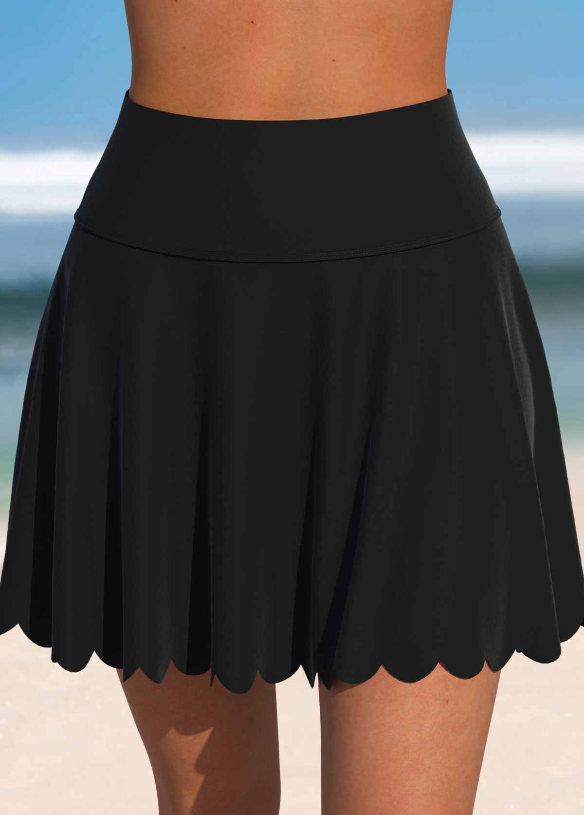 Black swimwear,Plain Color swimwear,ROTITA Black High Waisted Scalloped Hem Swim Skirt