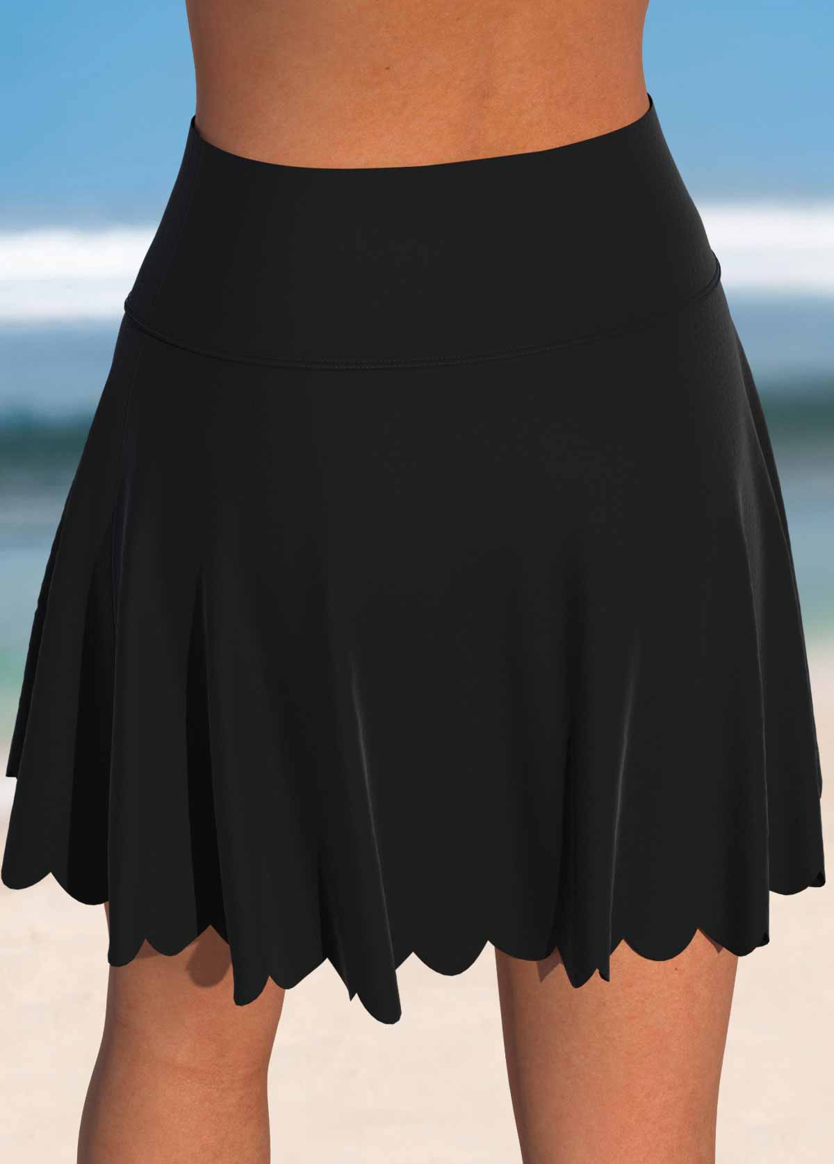 Black swimwear,Plain Color swimwear,ROTITA Black High Waisted Scalloped Hem Swim Skirt