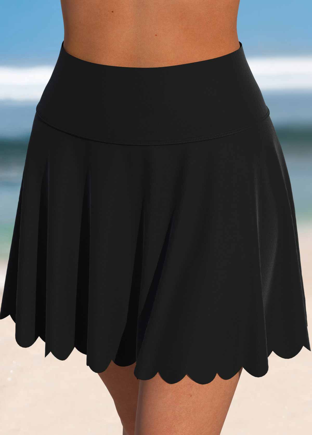Black swimwear,Plain Color swimwear,ROTITA Black High Waisted Scalloped Hem Swim Skirt
