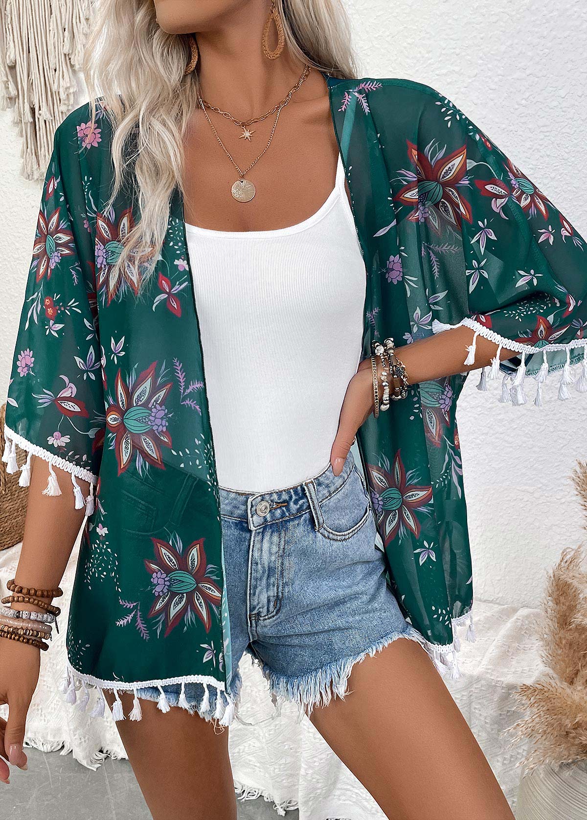 Blackish Green tops,Floral tops,Plants tops,Floral Print Blackish Green Half Sleeve Light Cardigan