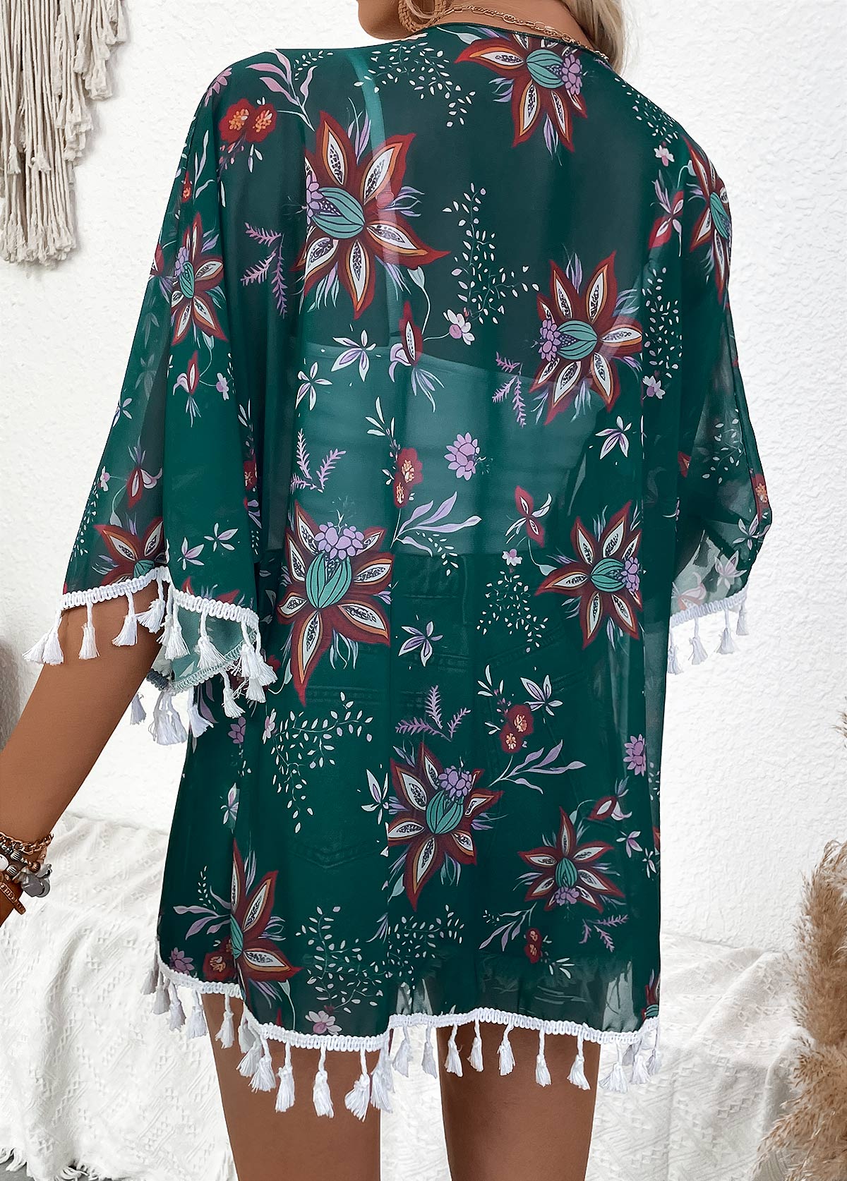 Blackish Green tops,Floral tops,Plants tops,Floral Print Blackish Green Half Sleeve Light Cardigan