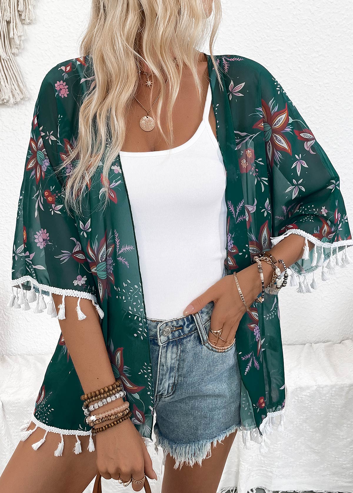 Blackish Green tops,Floral tops,Plants tops,Floral Print Blackish Green Half Sleeve Light Cardigan