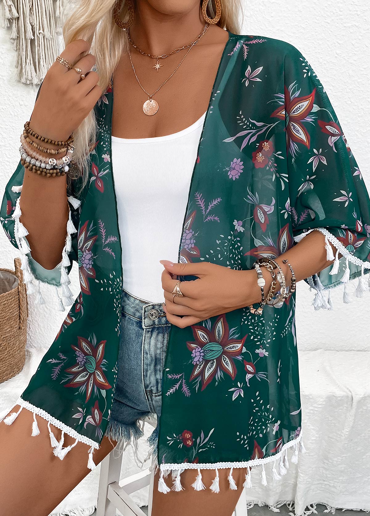 Blackish Green tops,Floral tops,Plants tops,Floral Print Blackish Green Half Sleeve Light Cardigan