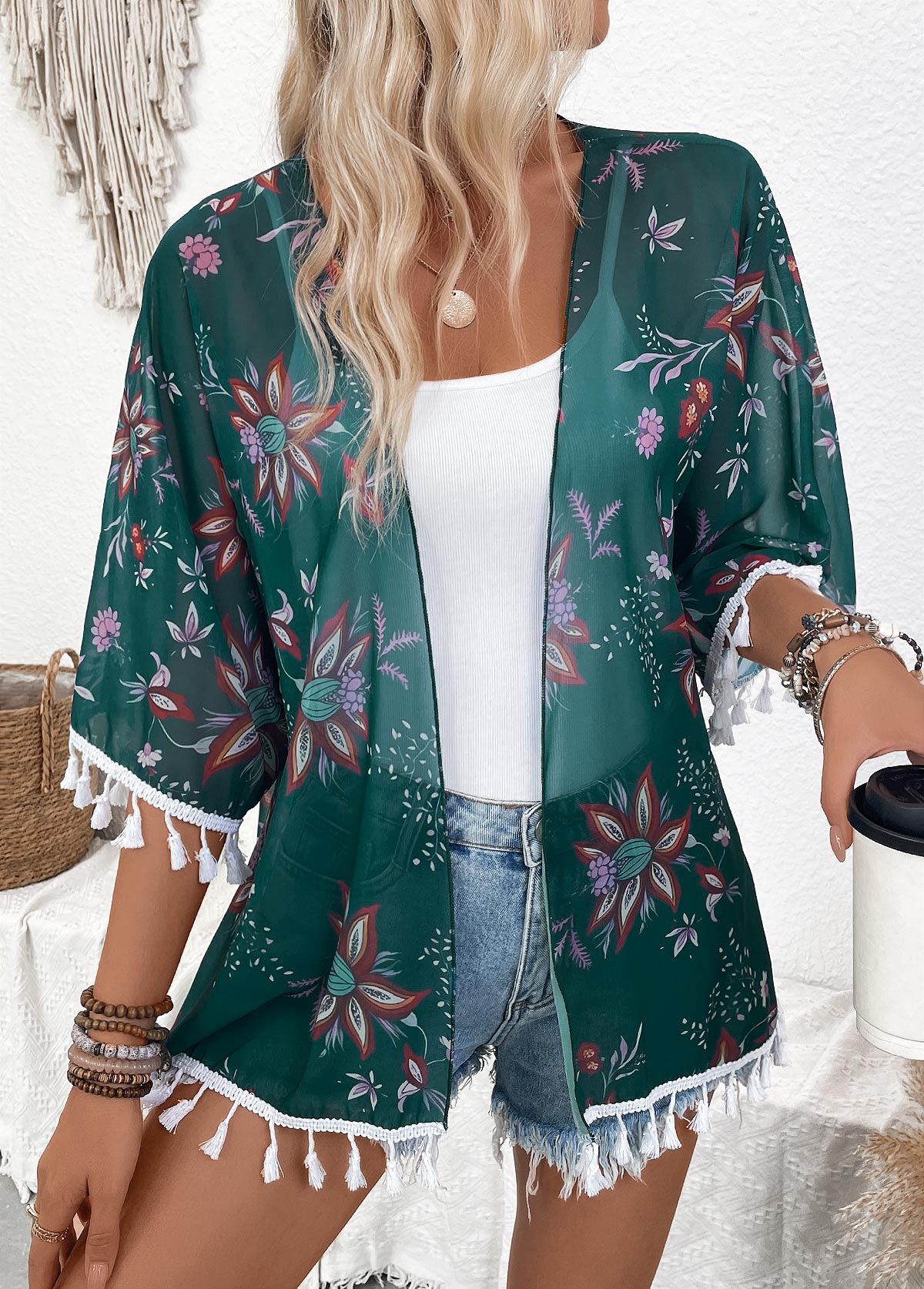 Blackish Green tops,Floral tops,Plants tops,Floral Print Blackish Green Half Sleeve Light Cardigan