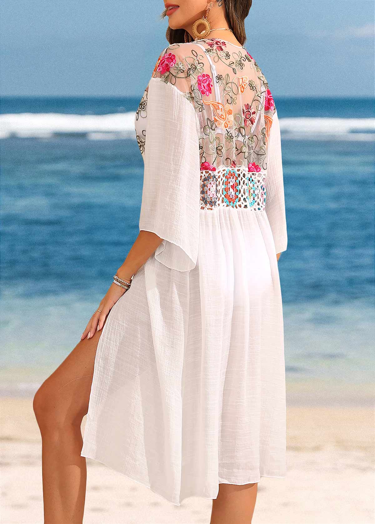 White swimwear,Contrast Color swimwear,White Patchwork V Neck Cover Up