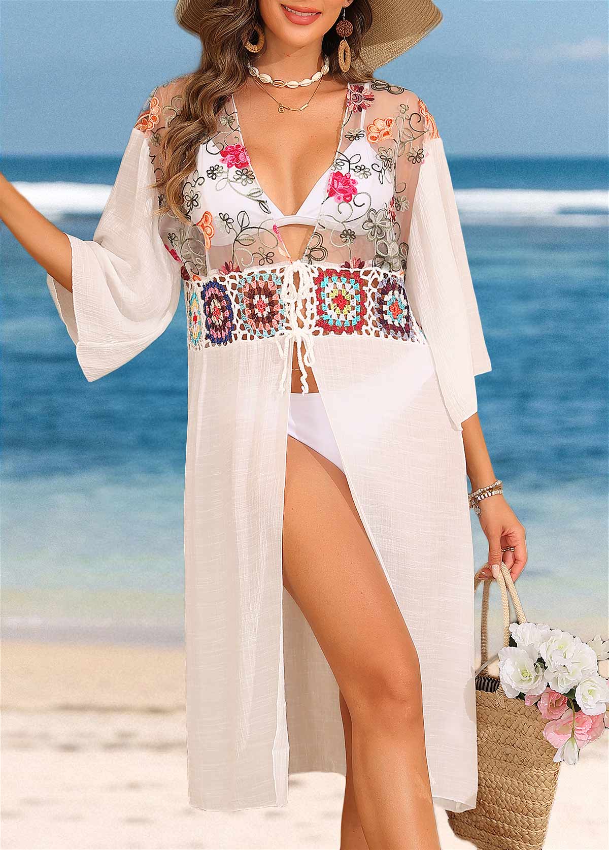 White swimwear,Contrast Color swimwear,White Patchwork V Neck Cover Up