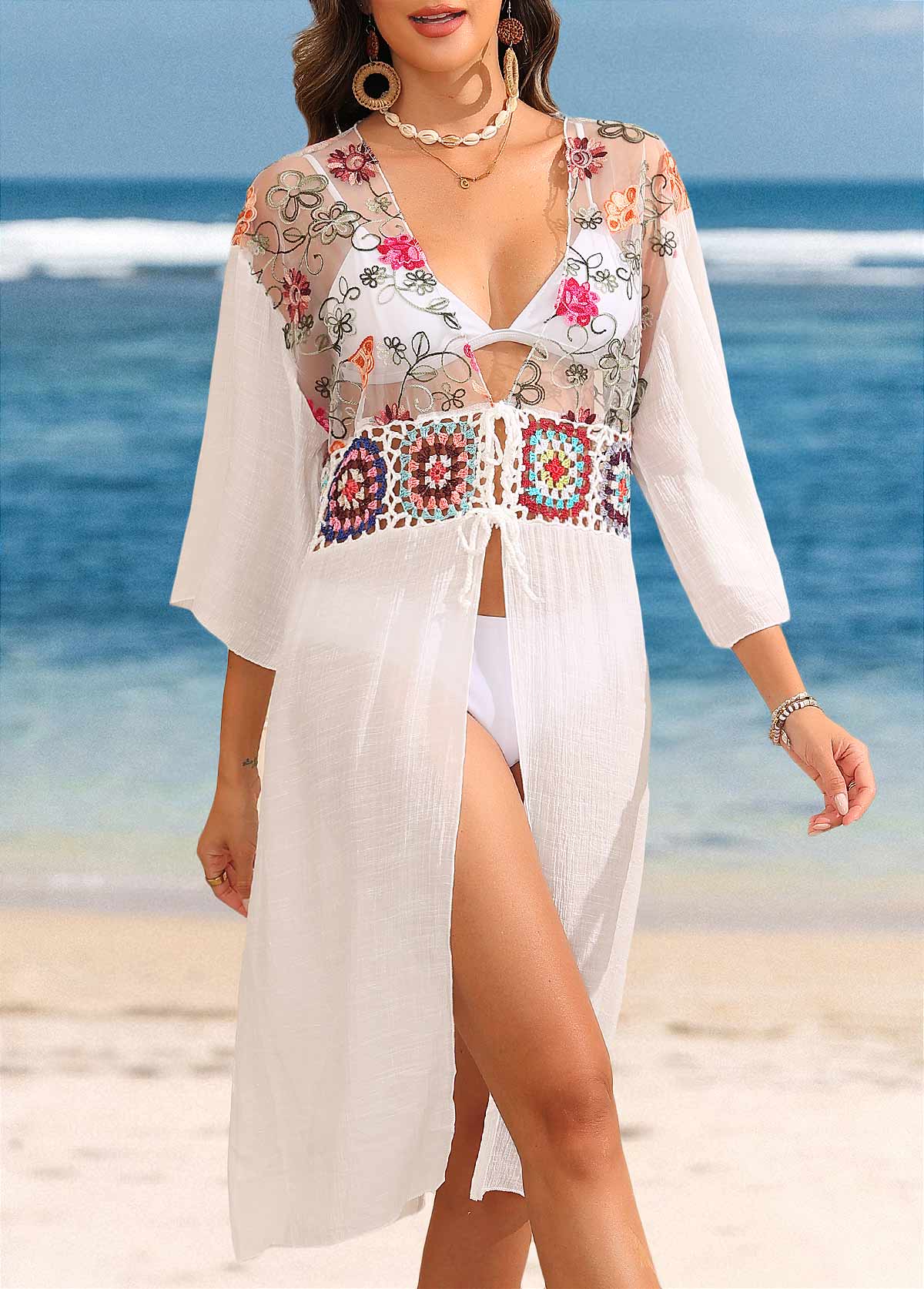 White swimwear,Contrast Color swimwear,White Patchwork V Neck Cover Up