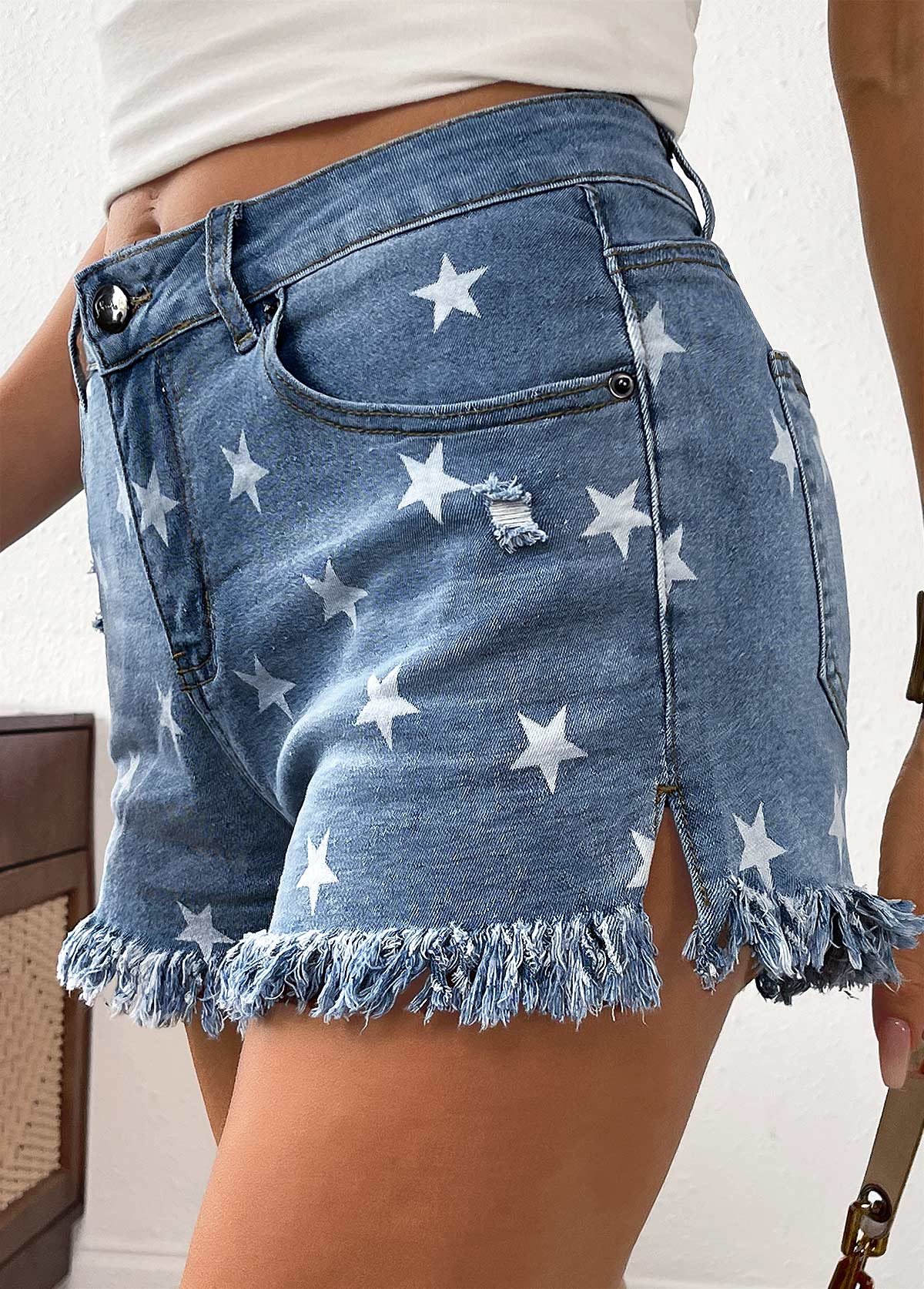 Denim Blue bottoms,Galaxy bottoms,Star Print Denim Blue Button Fly High Waisted Shorts