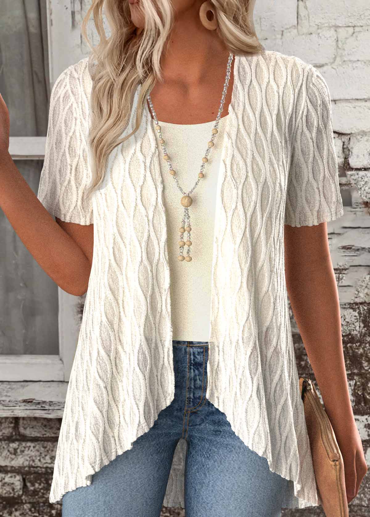 Beige tops,Plain Color tops,ROTITA Beige Short Sleeve Fake Two Piece Twinset