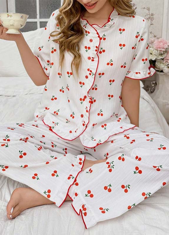 White loungewear,Plants loungewear,Fruit Printing White Round Neck Lounge Top and Pants
