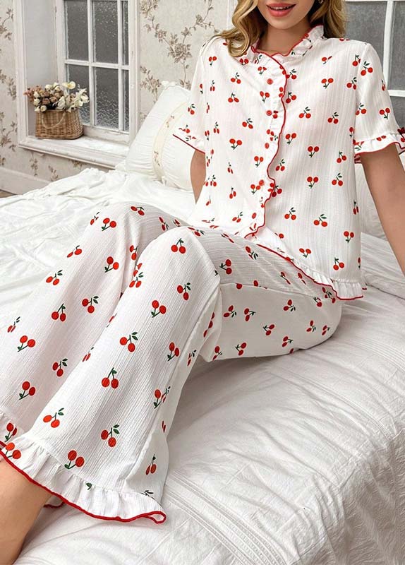 White loungewear,Plants loungewear,Fruit Printing White Round Neck Lounge Top and Pants