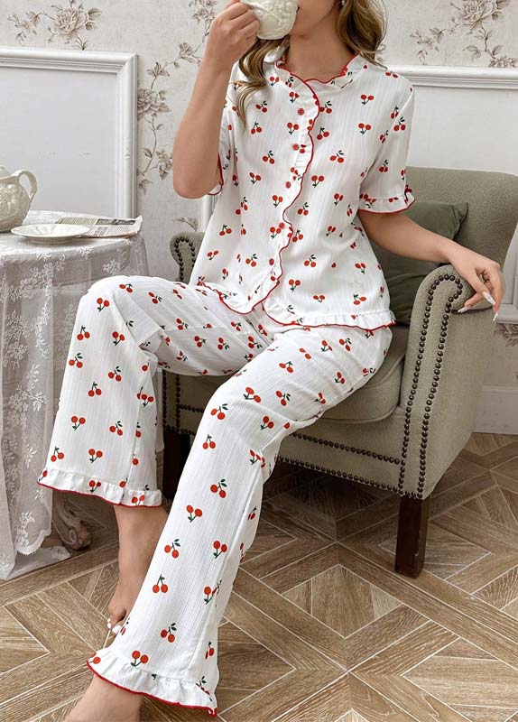 White loungewear,Plants loungewear,Fruit Printing White Round Neck Lounge Top and Pants