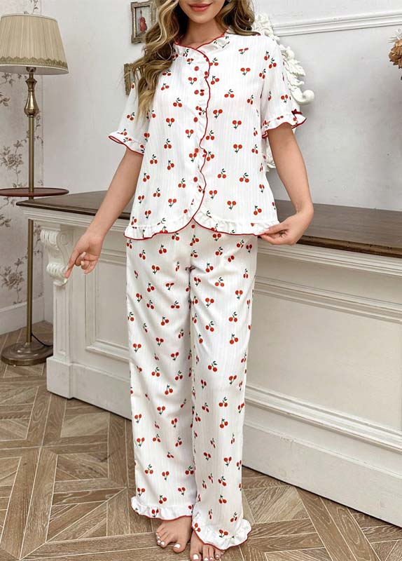 White loungewear,Plants loungewear,Fruit Printing White Round Neck Lounge Top and Pants