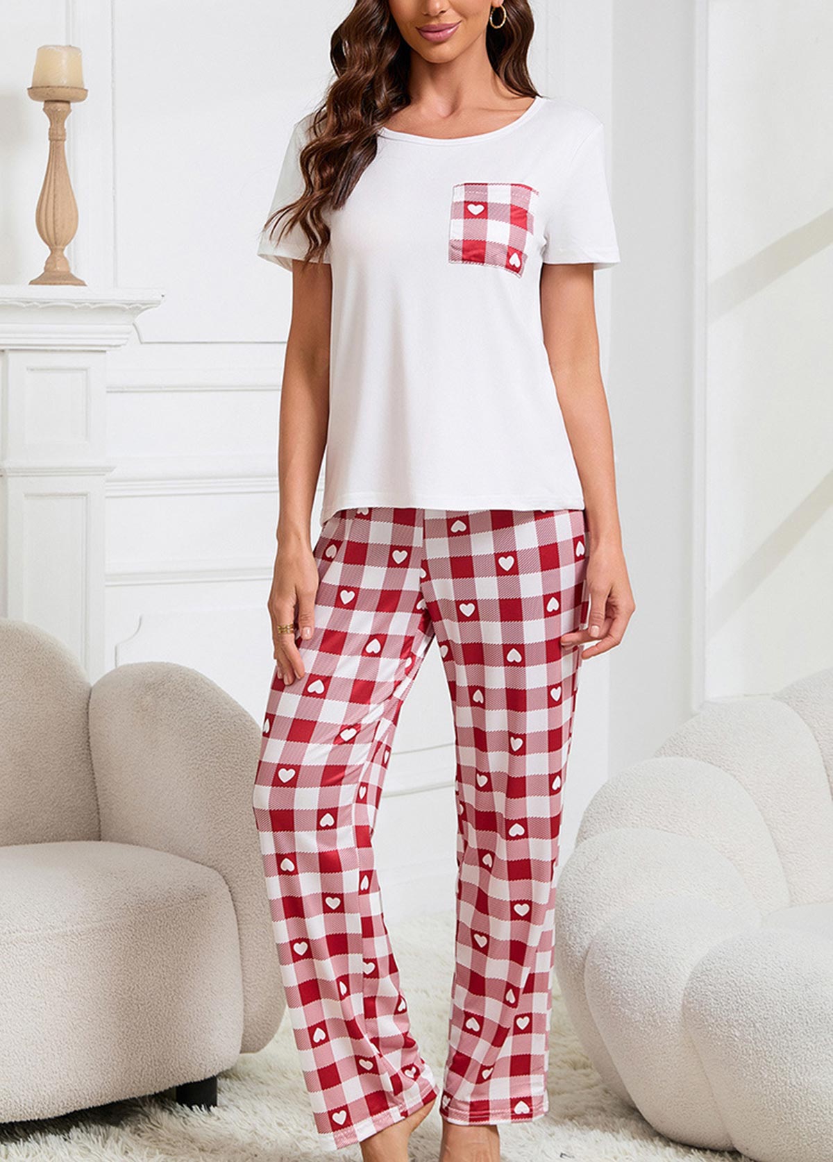 Wine Red loungewear,Plaid loungewear,Geometric loungewear,Plaid Wine Red Round Neck Lounge Top and Pants