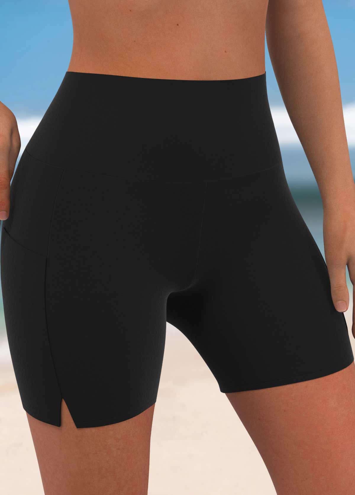 Black swimwear,Plain Color swimwear,ROTITA Black High Waisted Split Swim Shorts