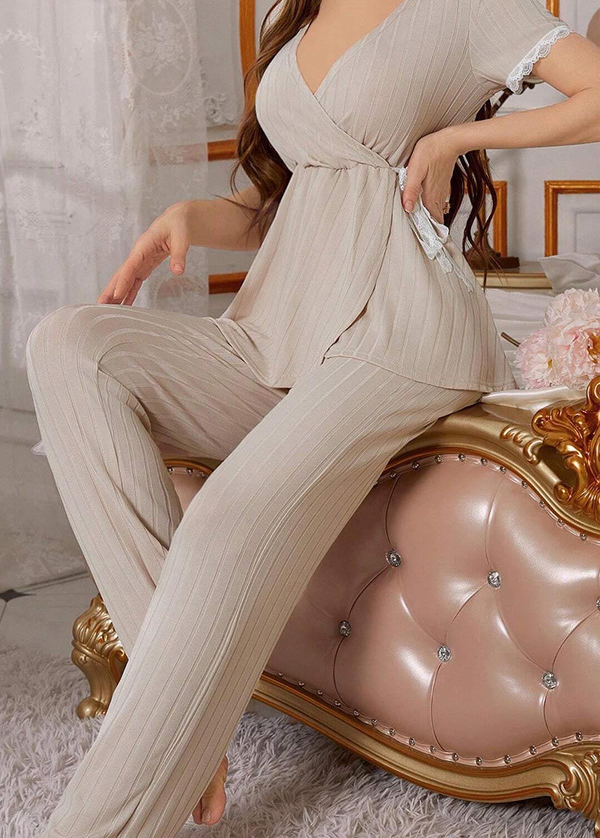 Beige loungewear,Plain Color loungewear,Beige Cross Collar Short Sleeve Lounge Top and Pants