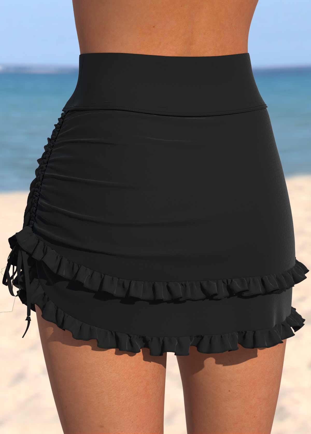 Black swimwear,Plain Color swimwear,ROTITA Black High Waisted Frill Swim Skirt